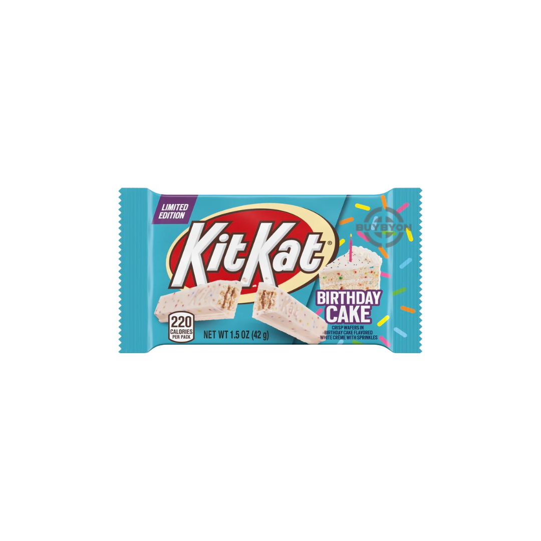 A 42g bar of Kit Kat Birthday Cake, featuring a crispy wafer coated in cake-flavoured white crème with colourful sprinkles, and the iconic Kit Kat logo on the packaging.