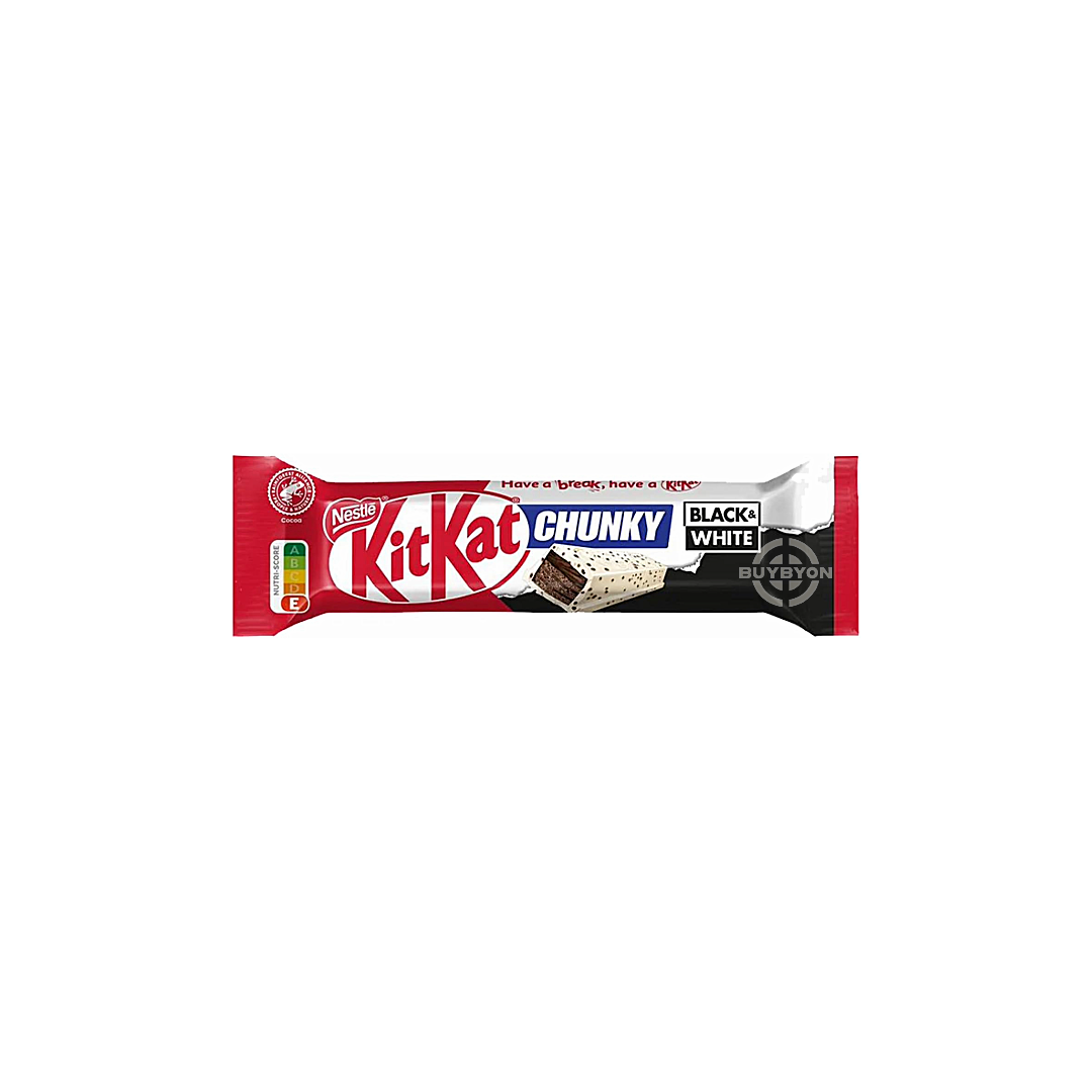 A 42g bar of Kit Kat Chunky Black &amp; White, featuring a crispy wafer coated in a mix of rich dark chocolate and smooth white chocolate, with the iconic Kit Kat logo on the packaging.