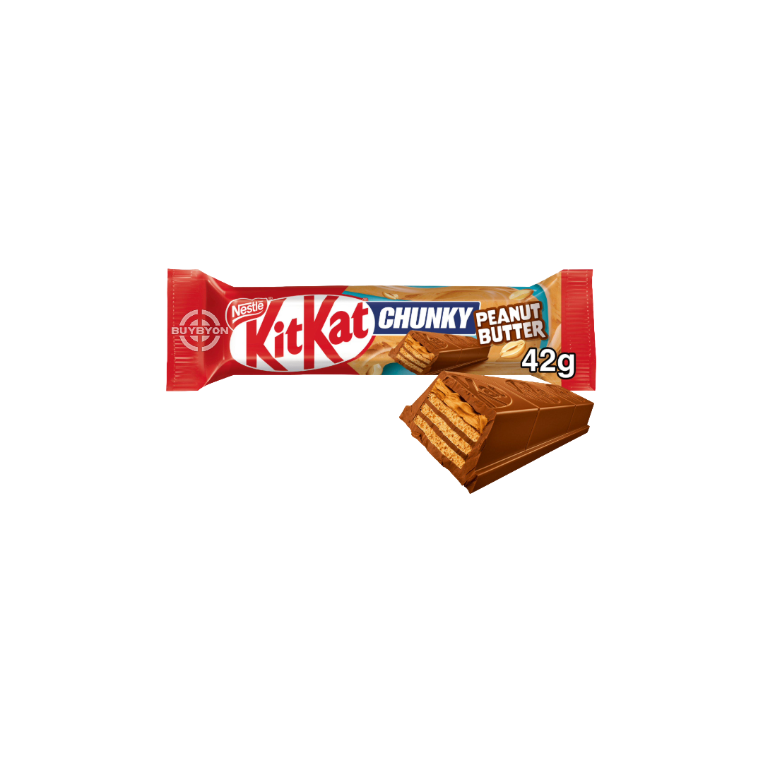 A 42g bar of Kit Kat Chunky Peanut Butter, featuring a thick, crispy wafer layer coated in smooth milk chocolate and filled with rich peanut butter cream, with the iconic Kit Kat logo on the packaging.