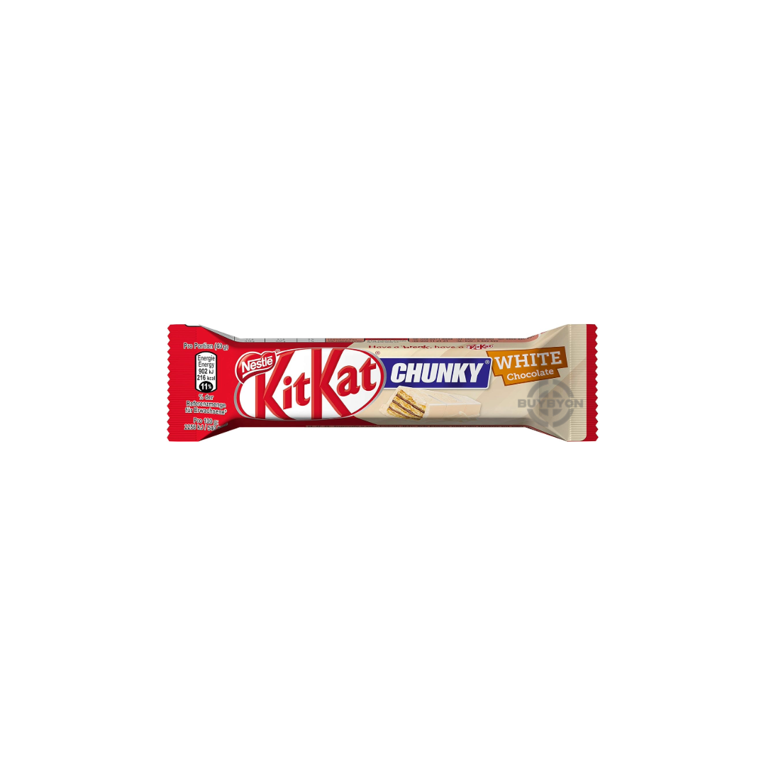 A 40g bar of Kit Kat Chunky White, featuring a crispy wafer covered in smooth white chocolate, with the iconic Kit Kat logo on the packaging.