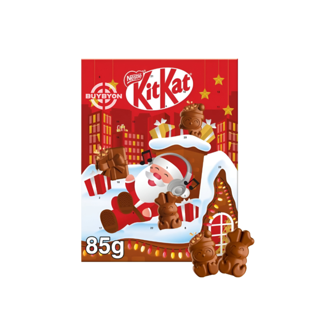 KitKat Milk Chocolate Christmas Advent Calendar - 85g featuring 24 windows filled with milk chocolate KitKat fingers, ideal for festive countdowns.