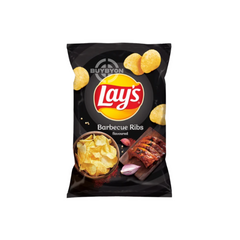 A 130g bag of Lay's Barbecue Ribs potato chips, highlighting the vibrant packaging and the crispy, flavorful chips inside.