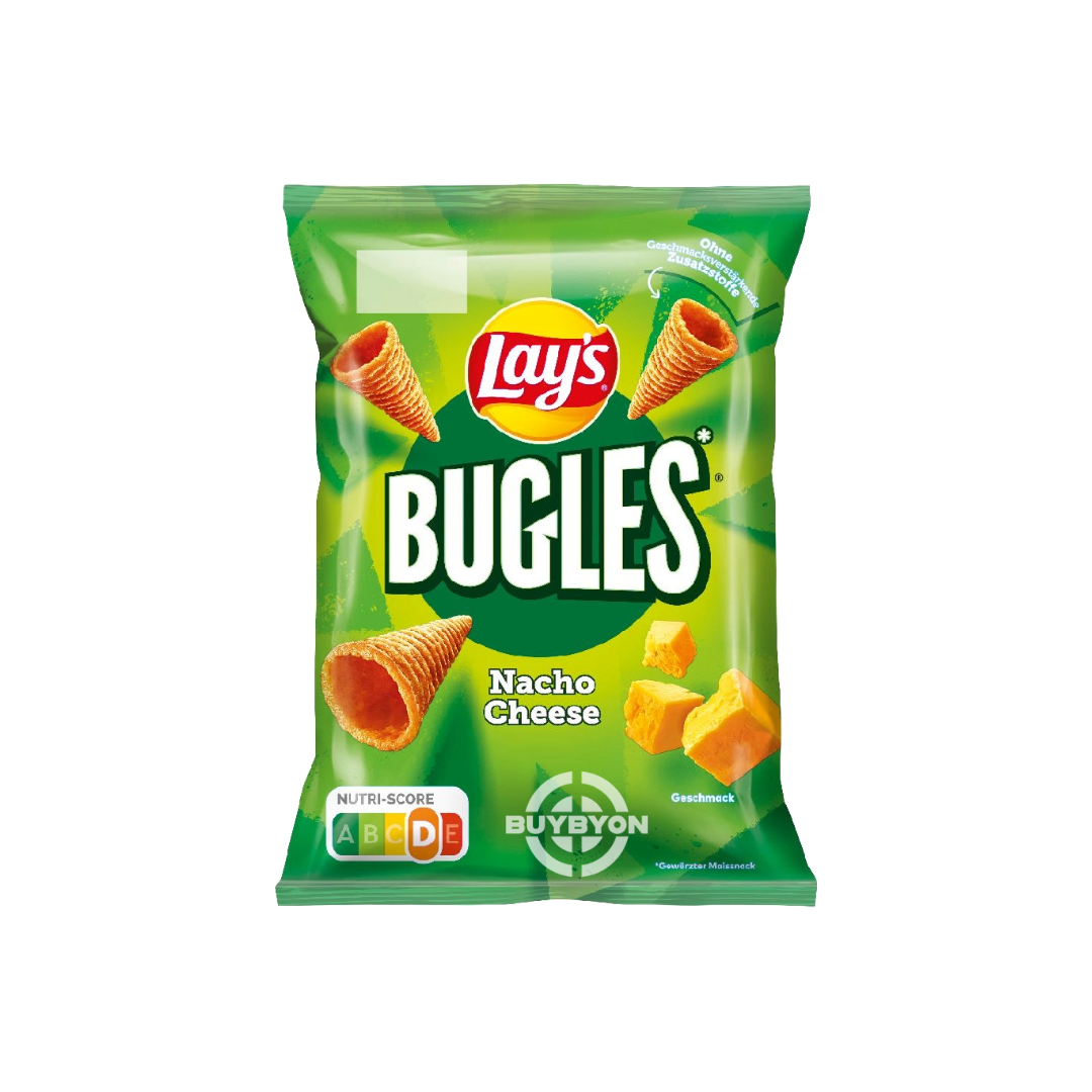 Lays Bugles Nacho Cheese - 75g pack featuring crunchy corn snacks with rich nacho cheese flavor.