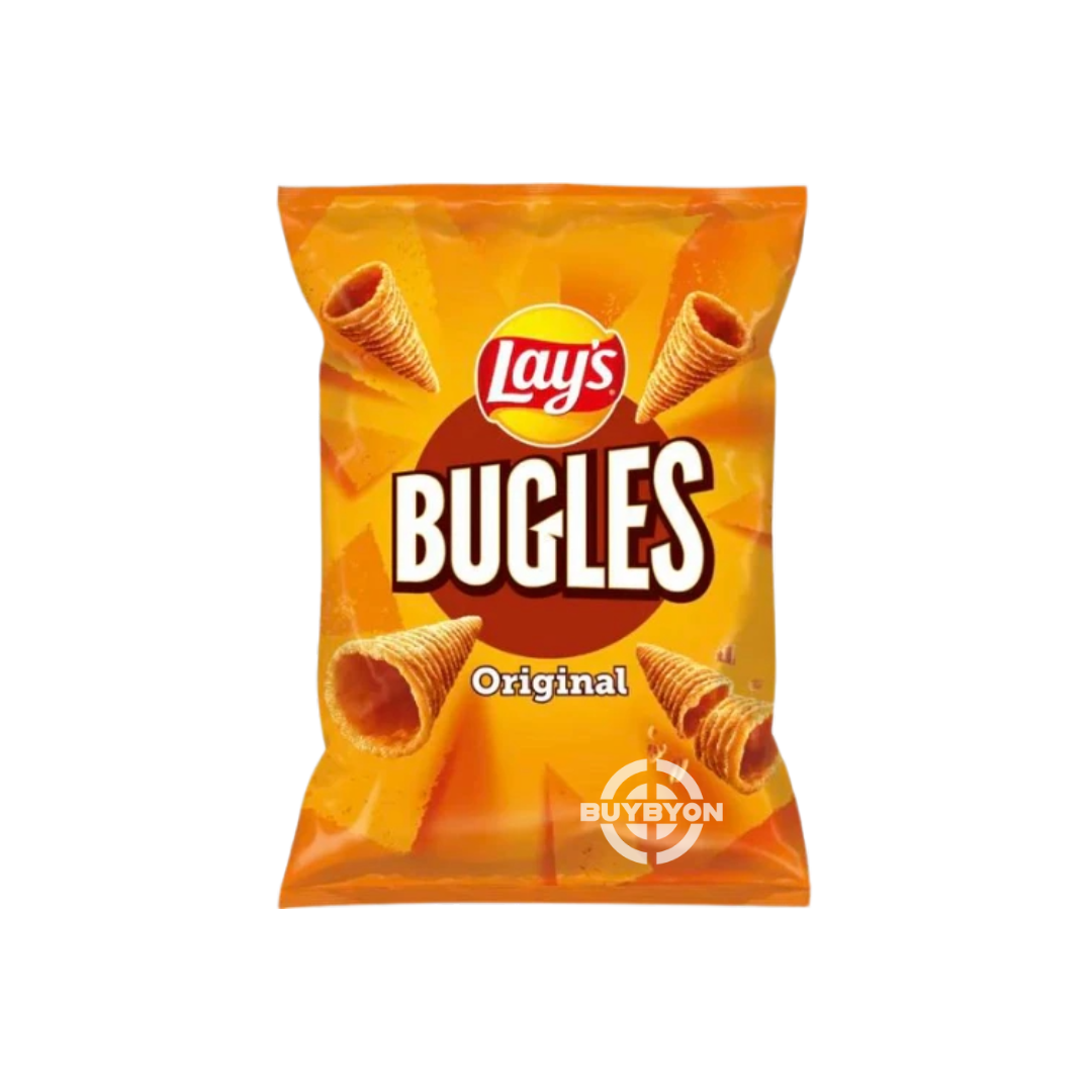 Lays Bugles Original - 75g pack featuring cone-shaped crunchy corn snacks.