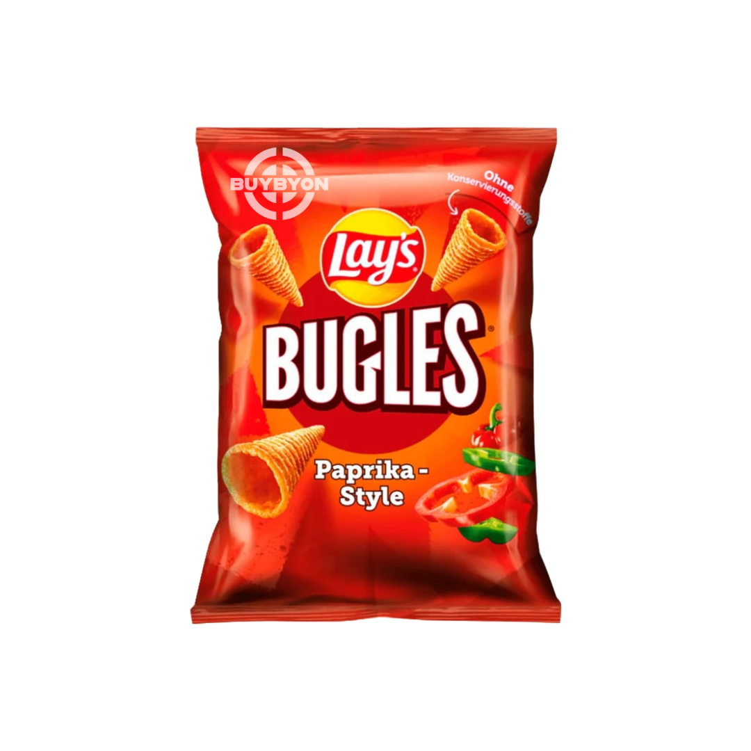 Lays Bugles Paprika – 75g bag featuring crispy cone-shaped snacks with a smoky paprika flavor.