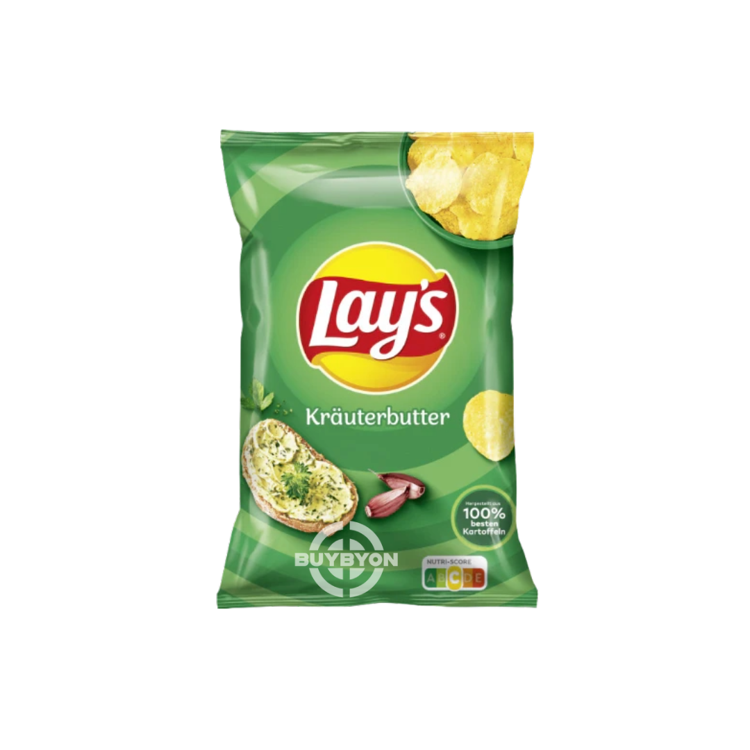 A 150g bag of Lay's Butter &amp; Herb Krauterbutter chips, showcasing the crispy potato chips seasoned with a savory butter and herb blend for a refined snacking experience.