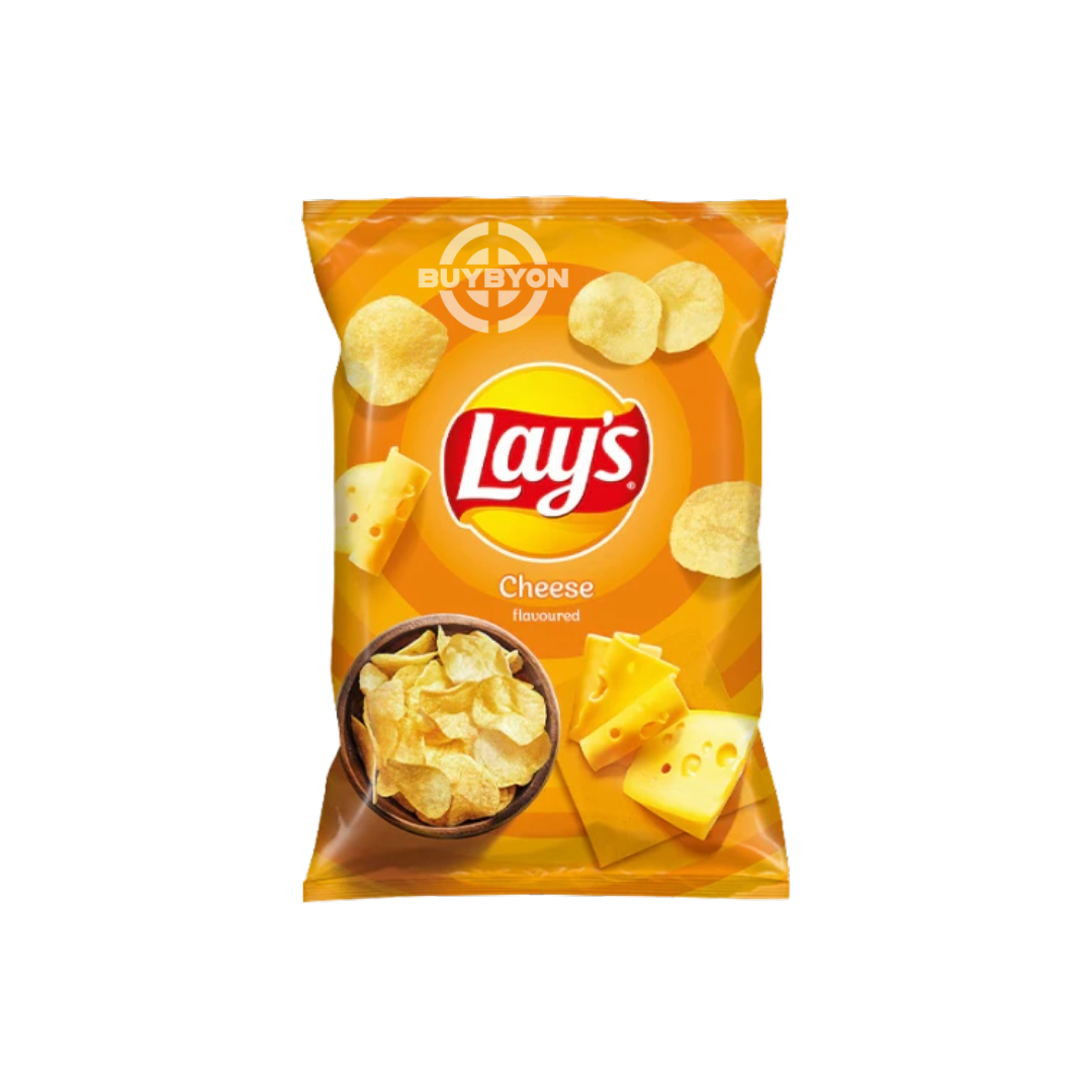 A 130g bag of Lay's Cheese chips, showcasing the golden potato chips coated with a rich cheese seasoning, perfect for a savory and crunchy snack.