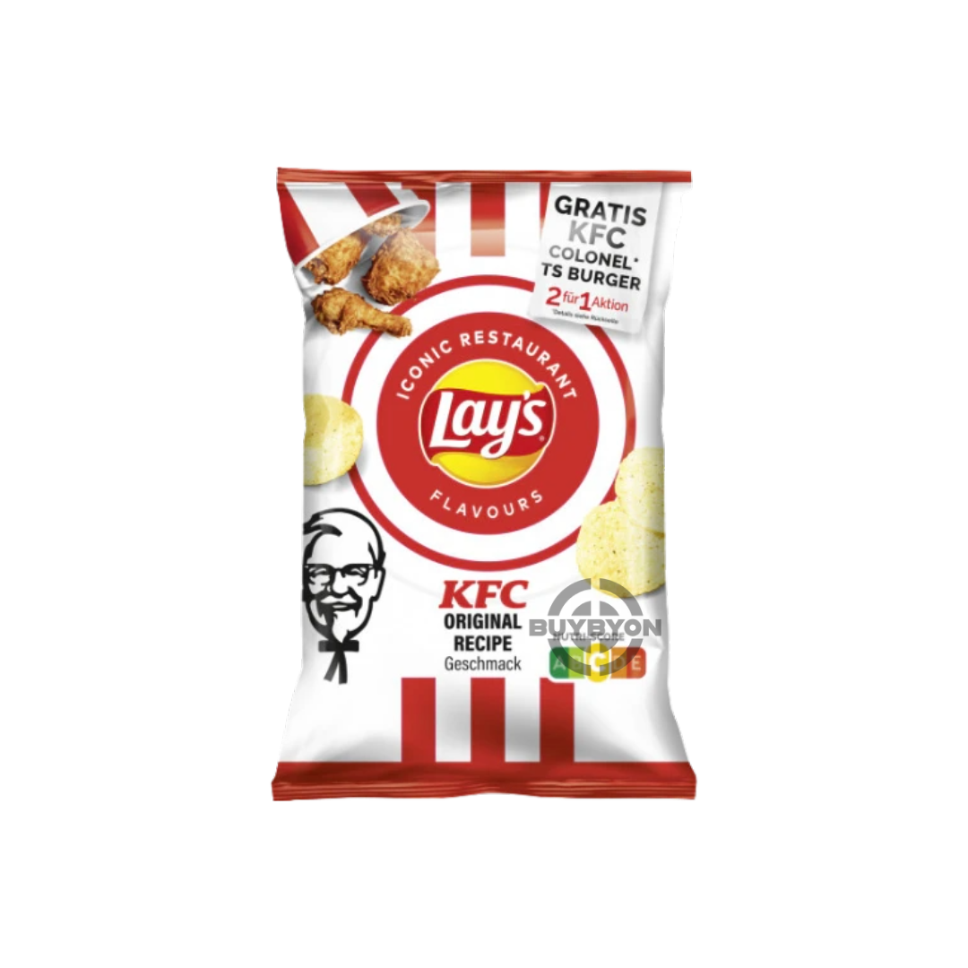 A 150g bag of Lay's KFC Flavour potato chips, featuring vibrant packaging and showcasing the crispy, KFC-inspired chips inside.