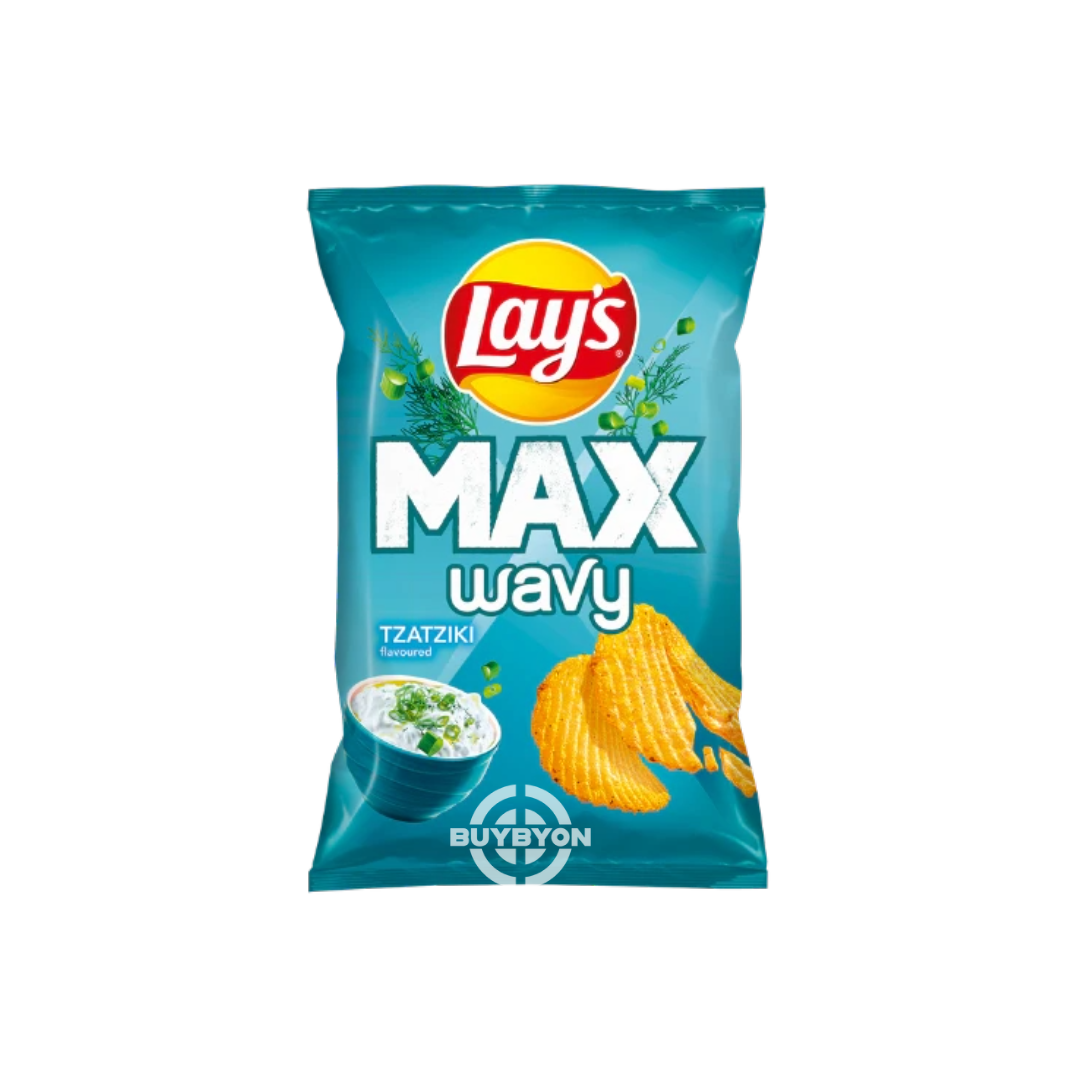 Lays Max Wavy Tzatziki - 120g pack with wavy chips and refreshing tzatziki flavor.