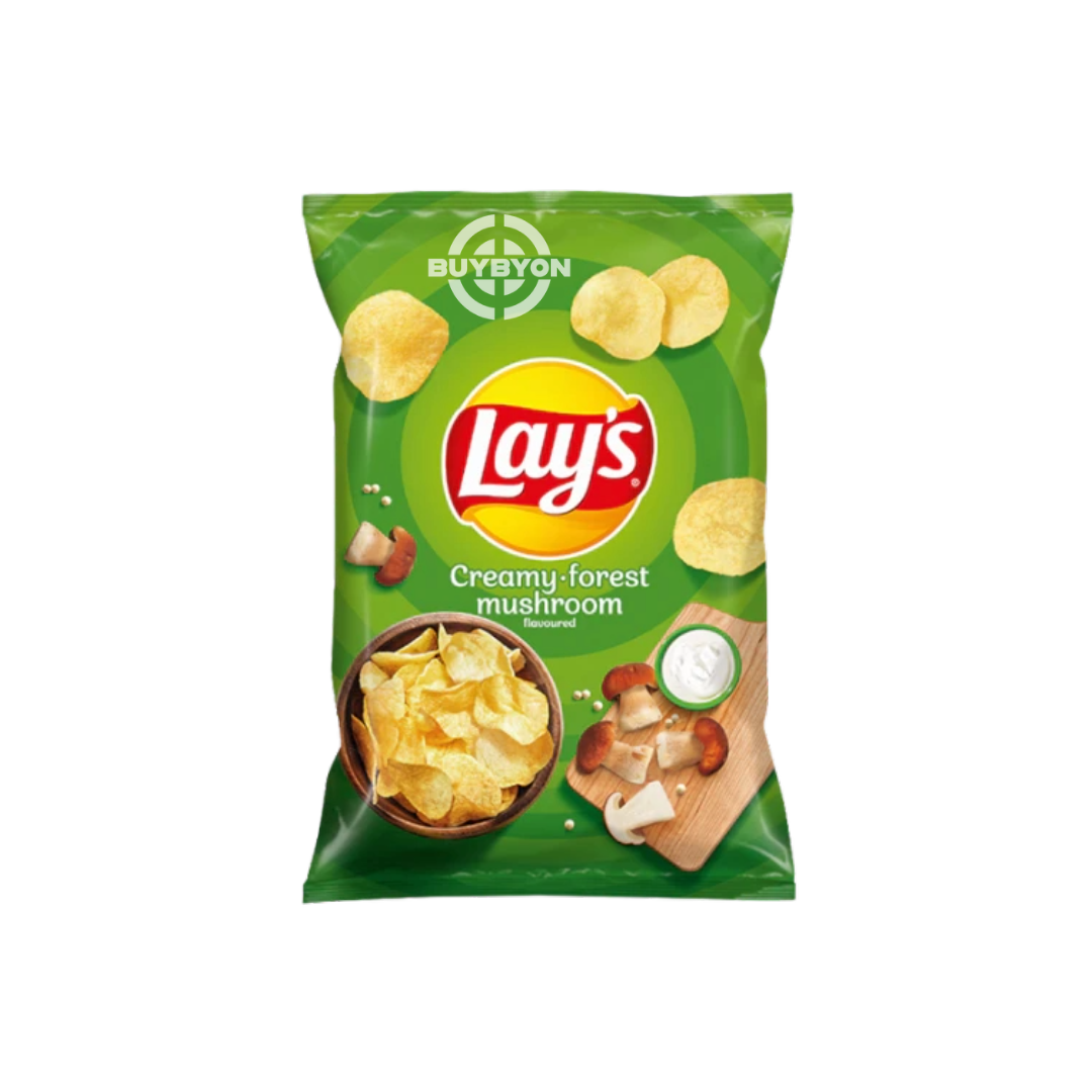 Lays Mushroom & Cream - 130g pack of crispy potato chips with creamy mushroom flavor.