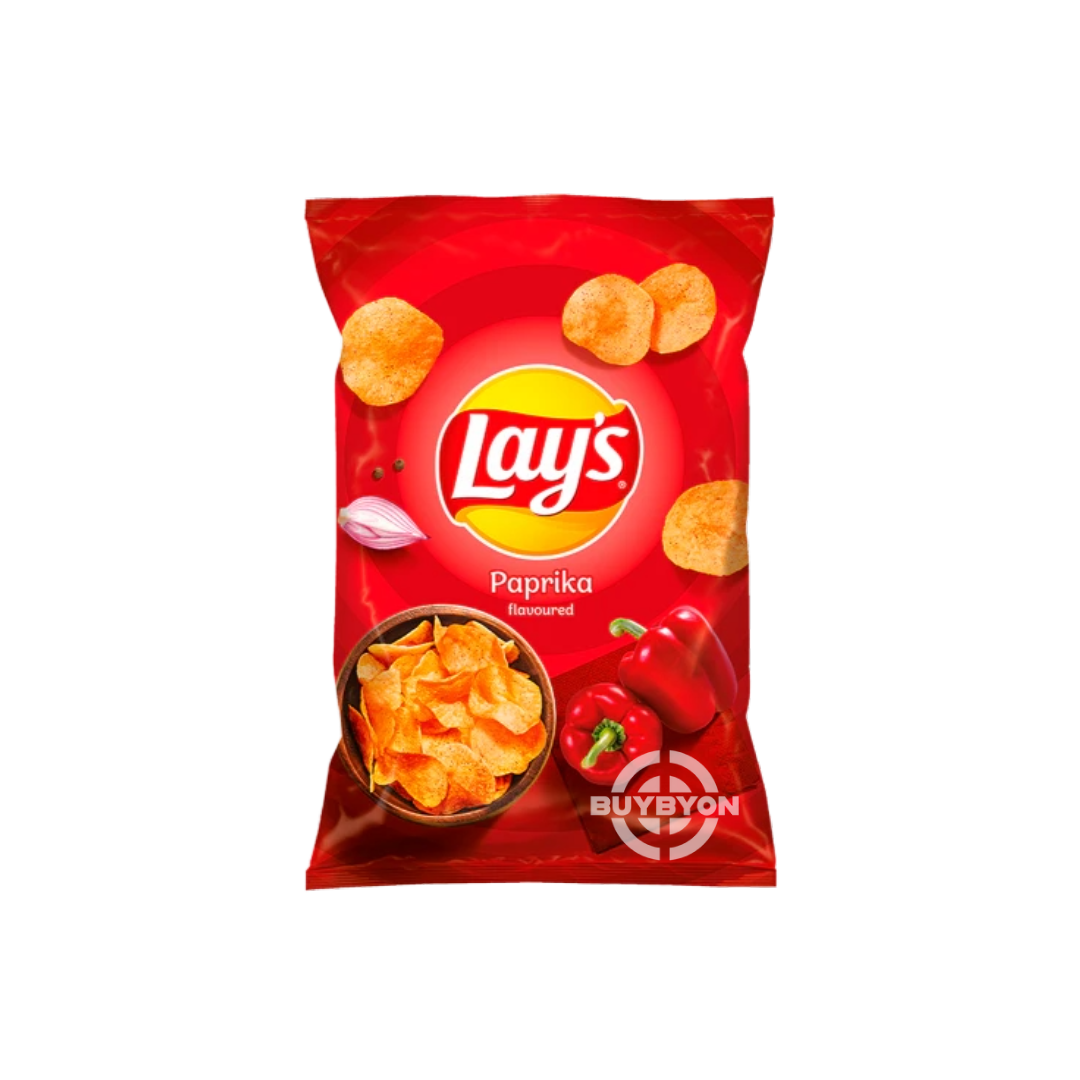 A 130g bag of Lay's Paprika chips, showcasing the crispy potato chips seasoned with a vibrant paprika blend for a savory and slightly spicy flavor.