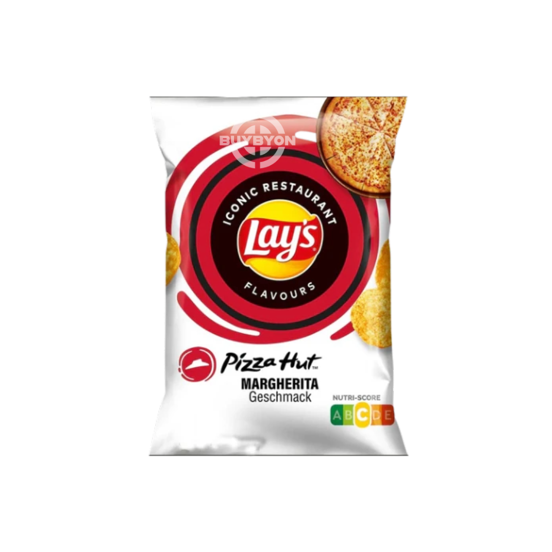 A 150g bag of Lay's Pizza Hut Margarita potato chips, showcasing the vibrant packaging and the crispy, pizza-flavored chips inside.