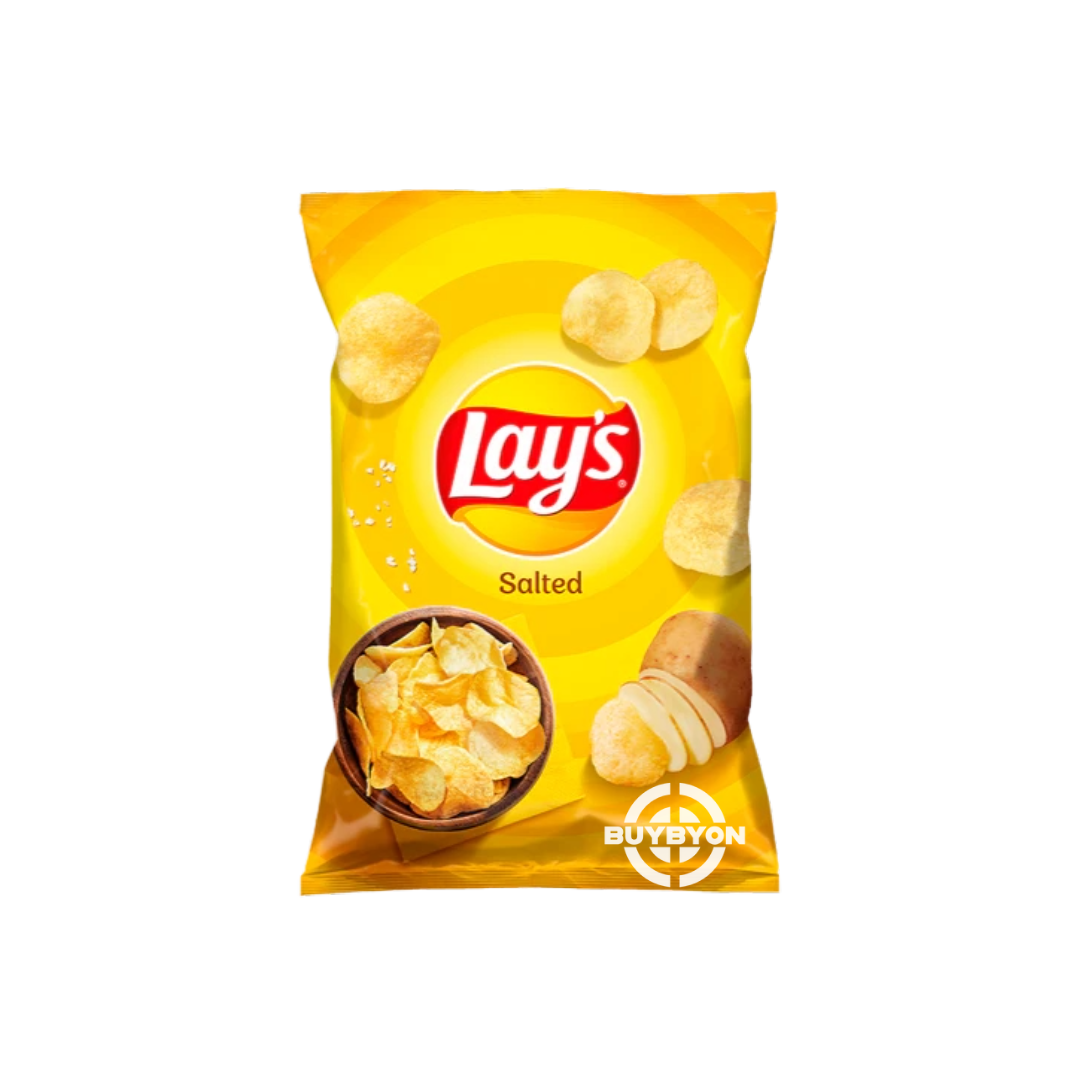 Lays Salted Chips – 130g pack featuring crispy, golden salted potato chips.