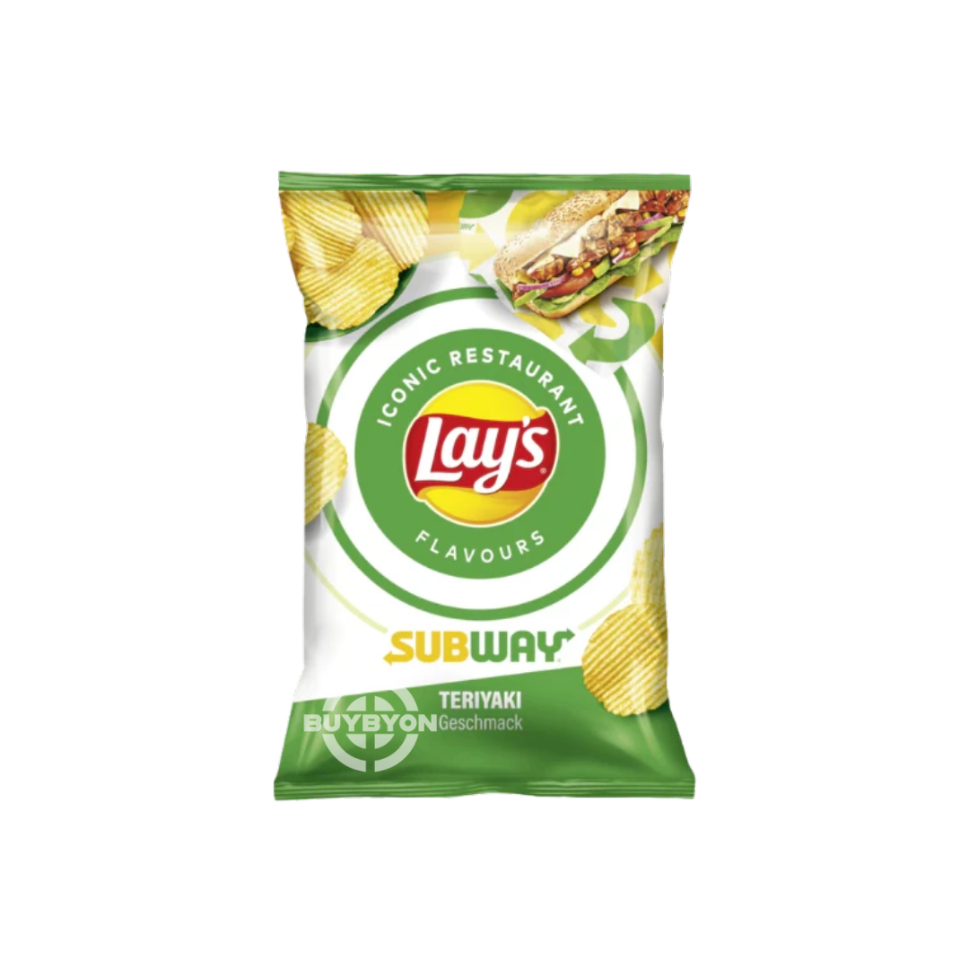 A 150g bag of Lay's Subway Teriyaki chips, showcasing the potato chips seasoned with a flavorful teriyaki blend, offering a sweet and tangy taste experience.