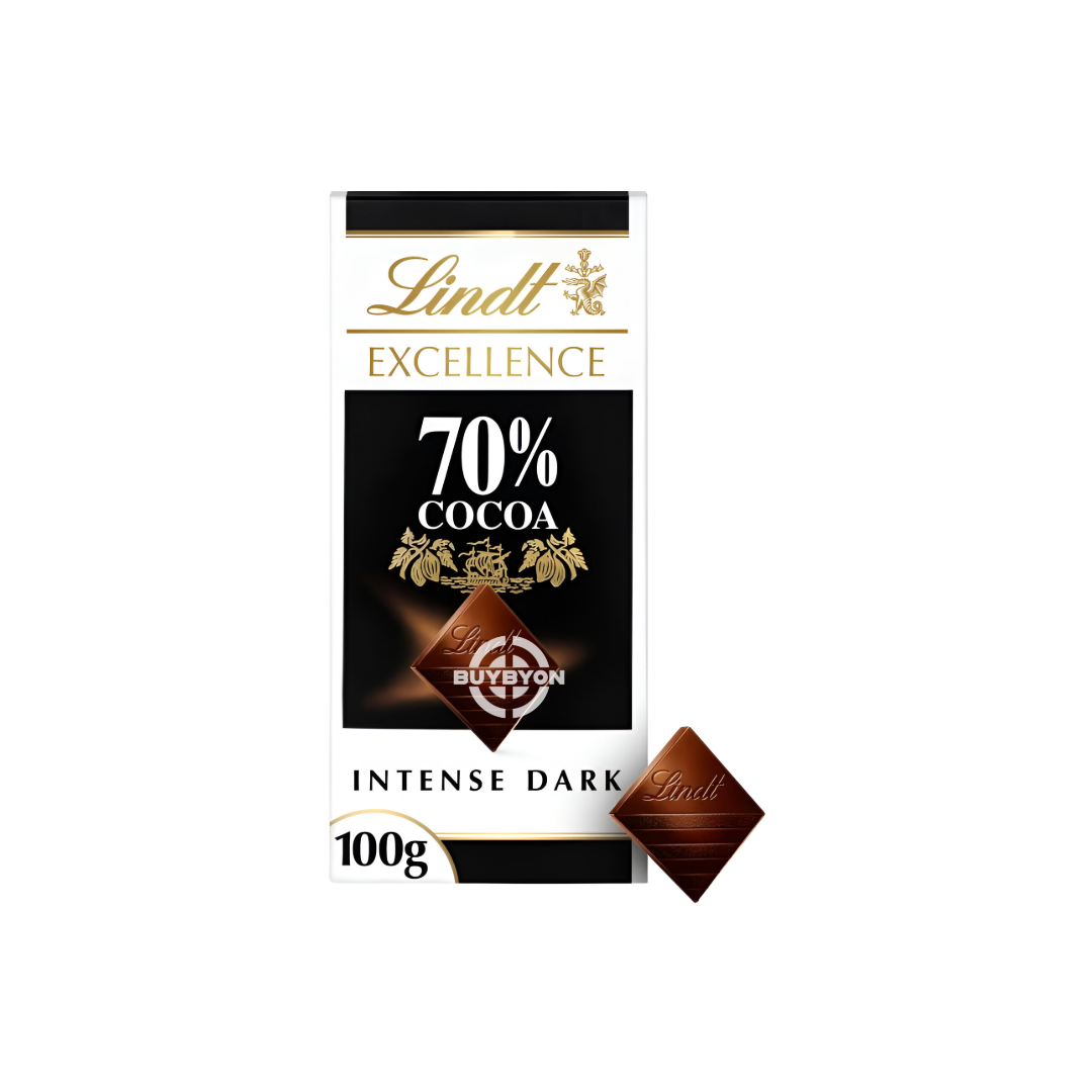 Lindt Excellence Dark 70% Cocoa Chocolate Bar - 100g, featuring high-quality dark chocolate with a smooth, velvety texture.