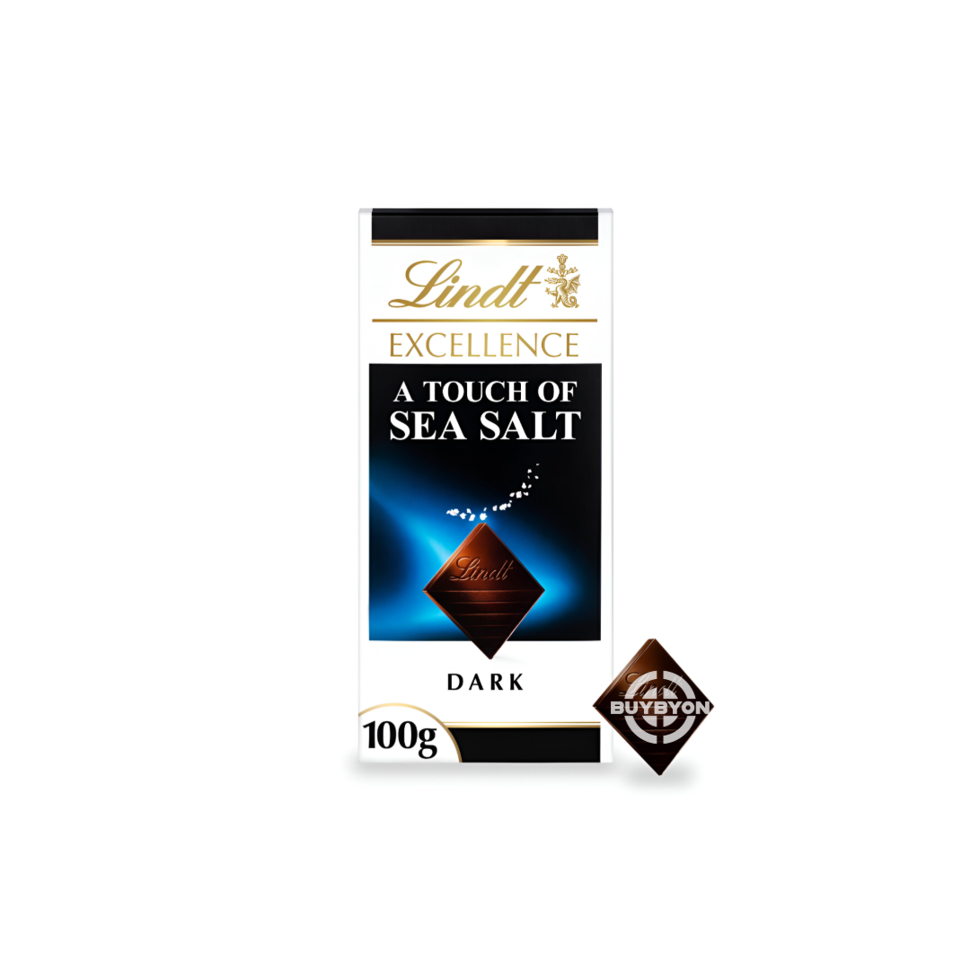 Lindt Excellence Dark Sea Salt Chocolate Bar - 100g, featuring rich dark chocolate with a hint of sea salt for a sweet and savoury experience.