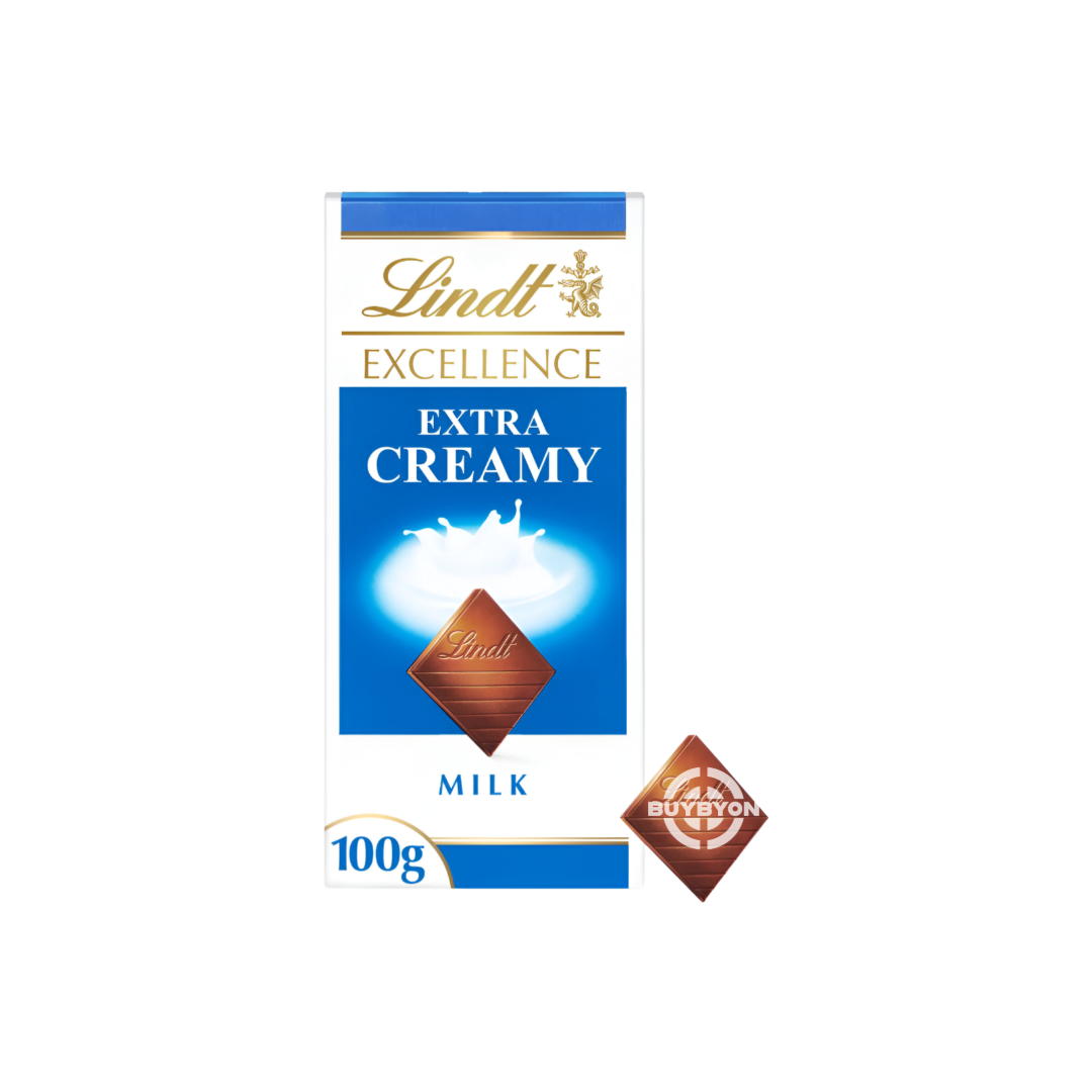 Lindt Excellence Milk Extra Creamy Chocolate Bar - 100g, featuring extra creamy milk chocolate with a smooth, velvety texture.