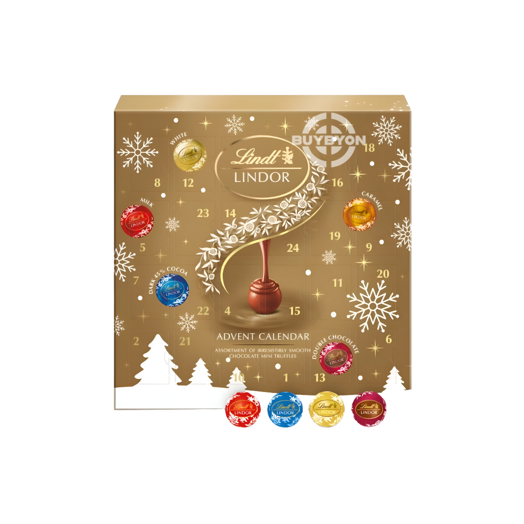 Lindt LINDOR Assorted Mini Truffle Advent Calendar - 109g featuring a festive design filled with premium assorted truffles.