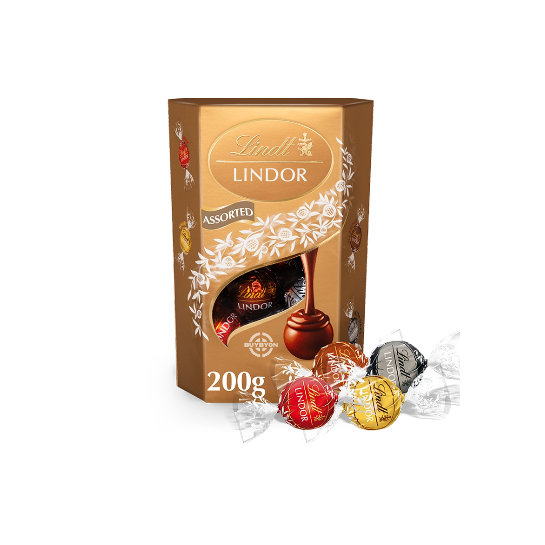 Lindt Lindor Assorted Chocolate Truffles Box - 200g, a luxurious assortment of creamy Swiss truffles in a premium gift box.