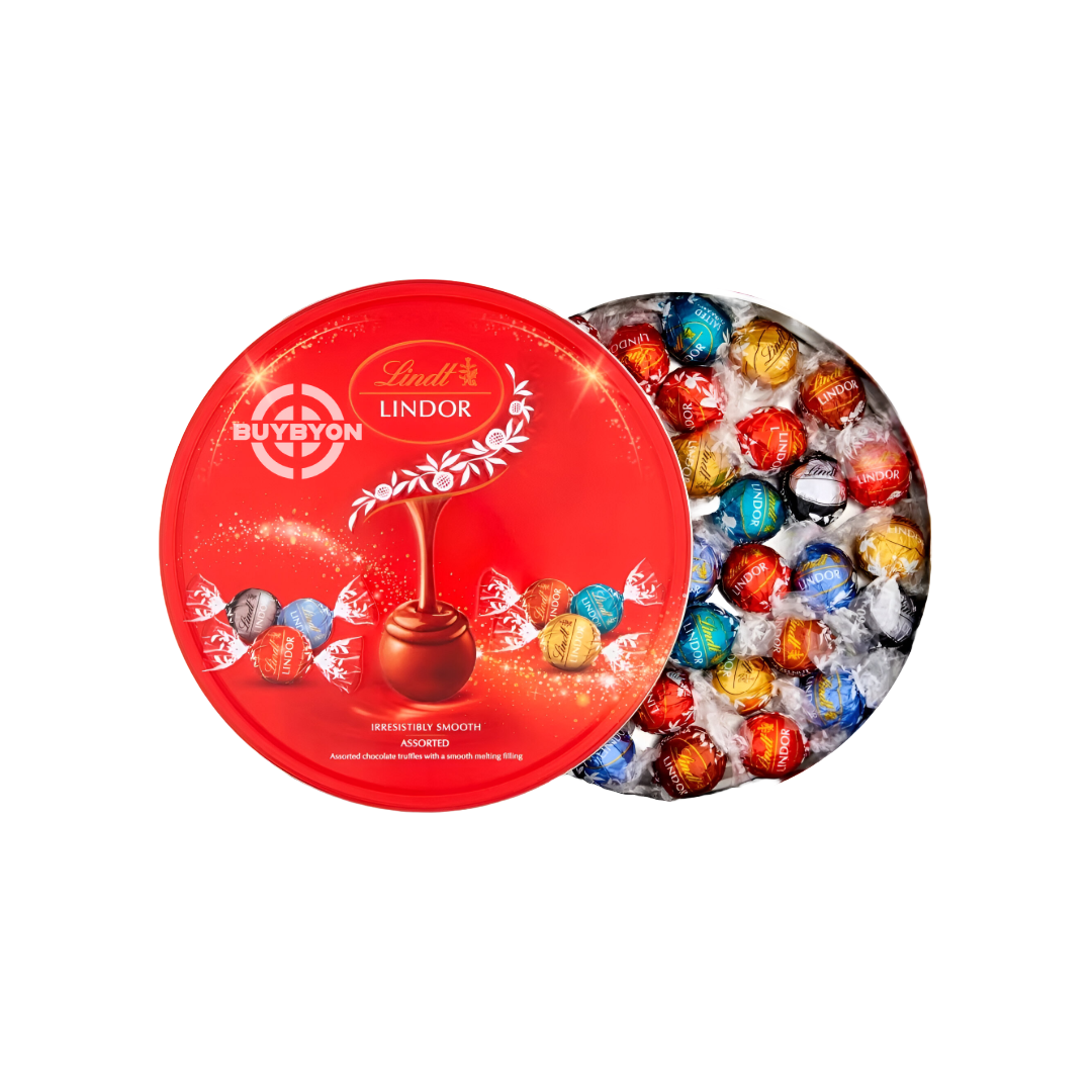 Lindt Lindor Irresistibly Smooth Assorted Truffles Tin - 450g featuring a festive tin filled with assorted smooth Lindor truffles.