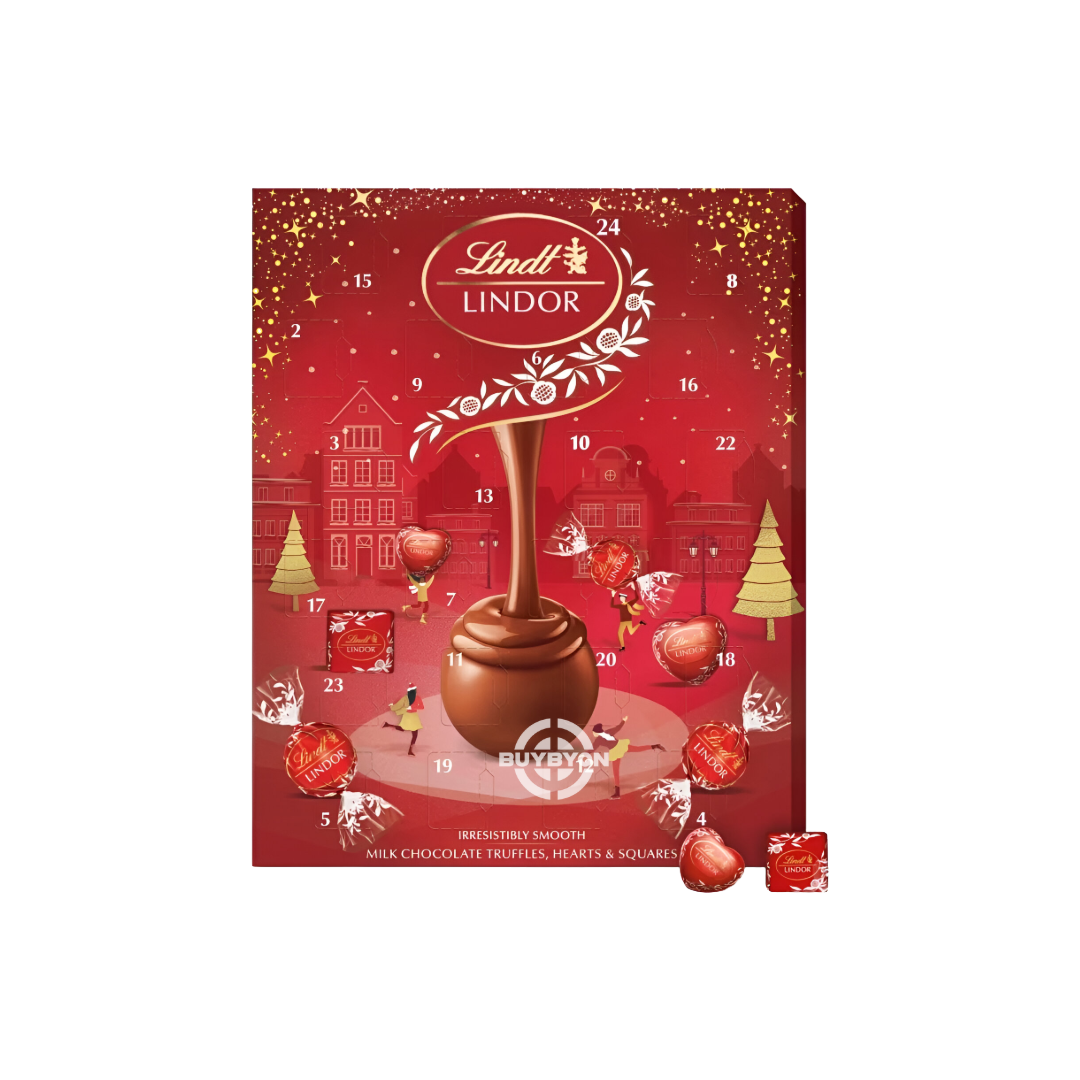 Lindt Lindor Milk Chocolate Christmas Advent Calendar - 300g featuring a festive design filled with creamy Lindor milk chocolate truffles.