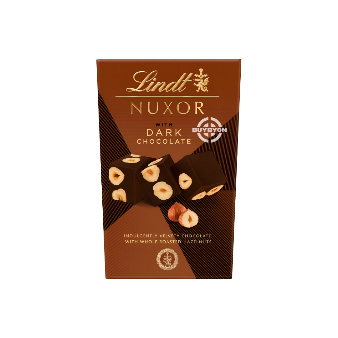 Lindt Nuxor with Dark Chocolate - 150g, featuring dark chocolate-coated roasted hazelnuts in elegant packaging.