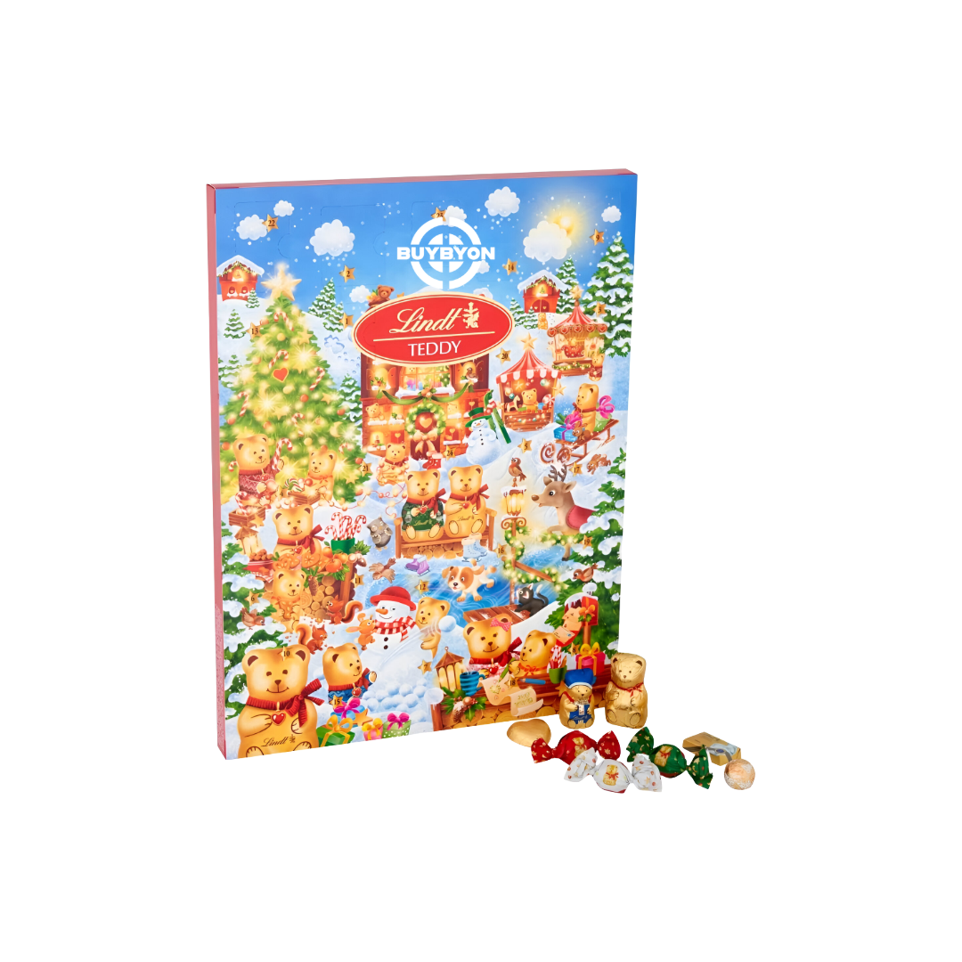 Lindt Teddy Winter Wonderland Advent Calendar - 170g featuring a festive winter design with smooth milk chocolates and Lindt figures.