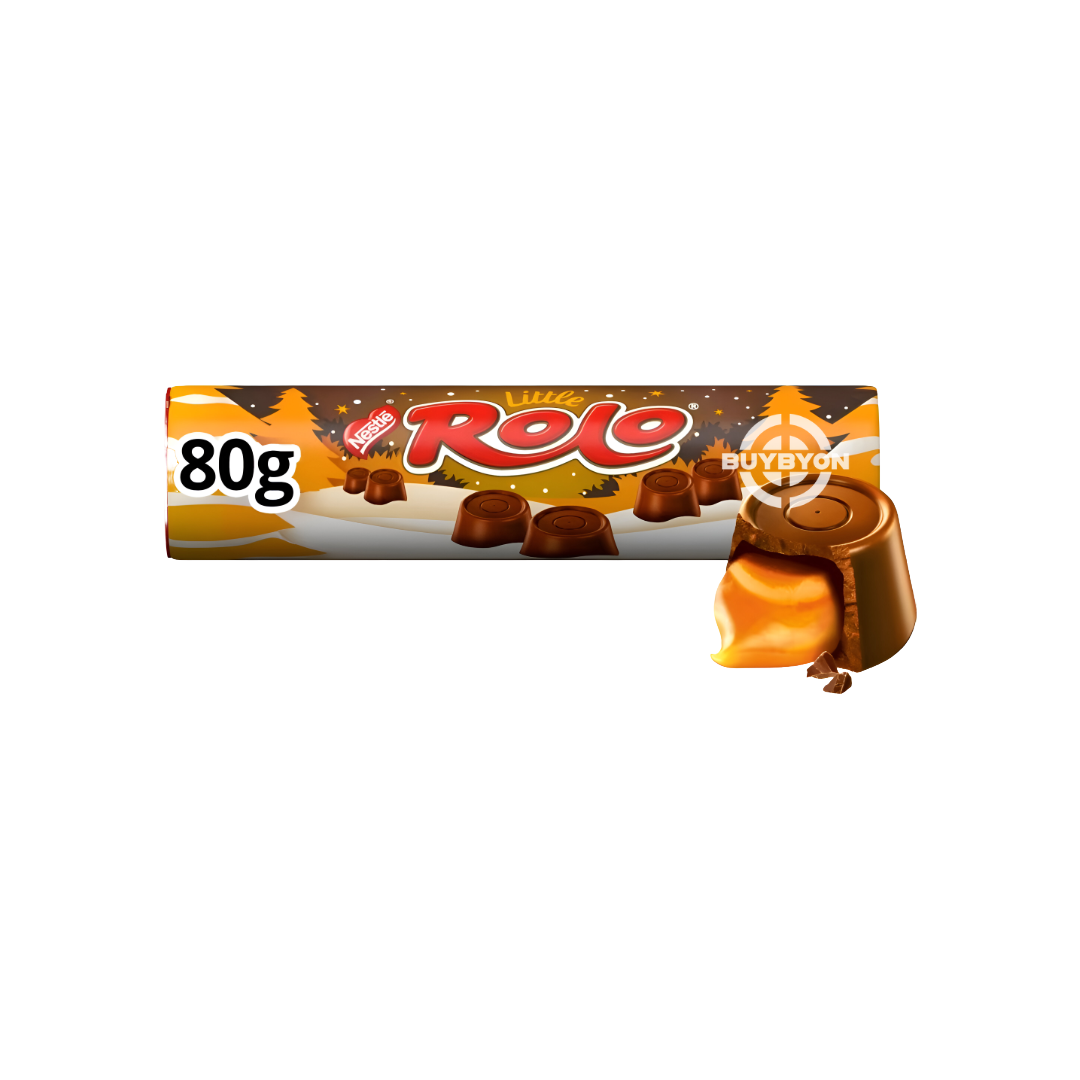 Little Rolo Milk Chocolate Giant Tube - 80g featuring milk chocolates filled with creamy caramel in a portable, festive tube.