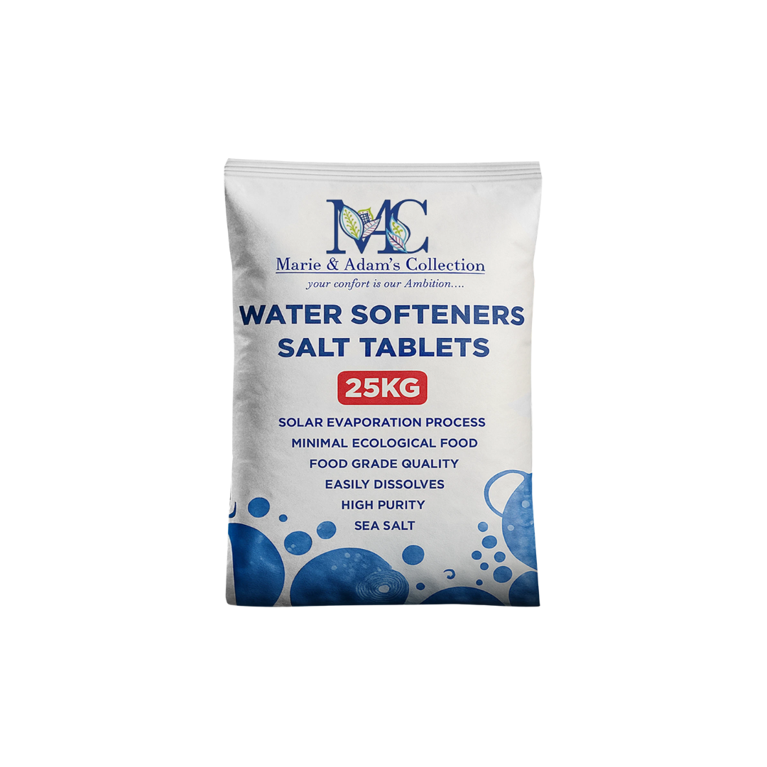 A 25kg bag of Marie & Adam's Collection Water Softeners Salt Tablets, featuring a white packaging bag with blue text and graphics, set against a plain white background.