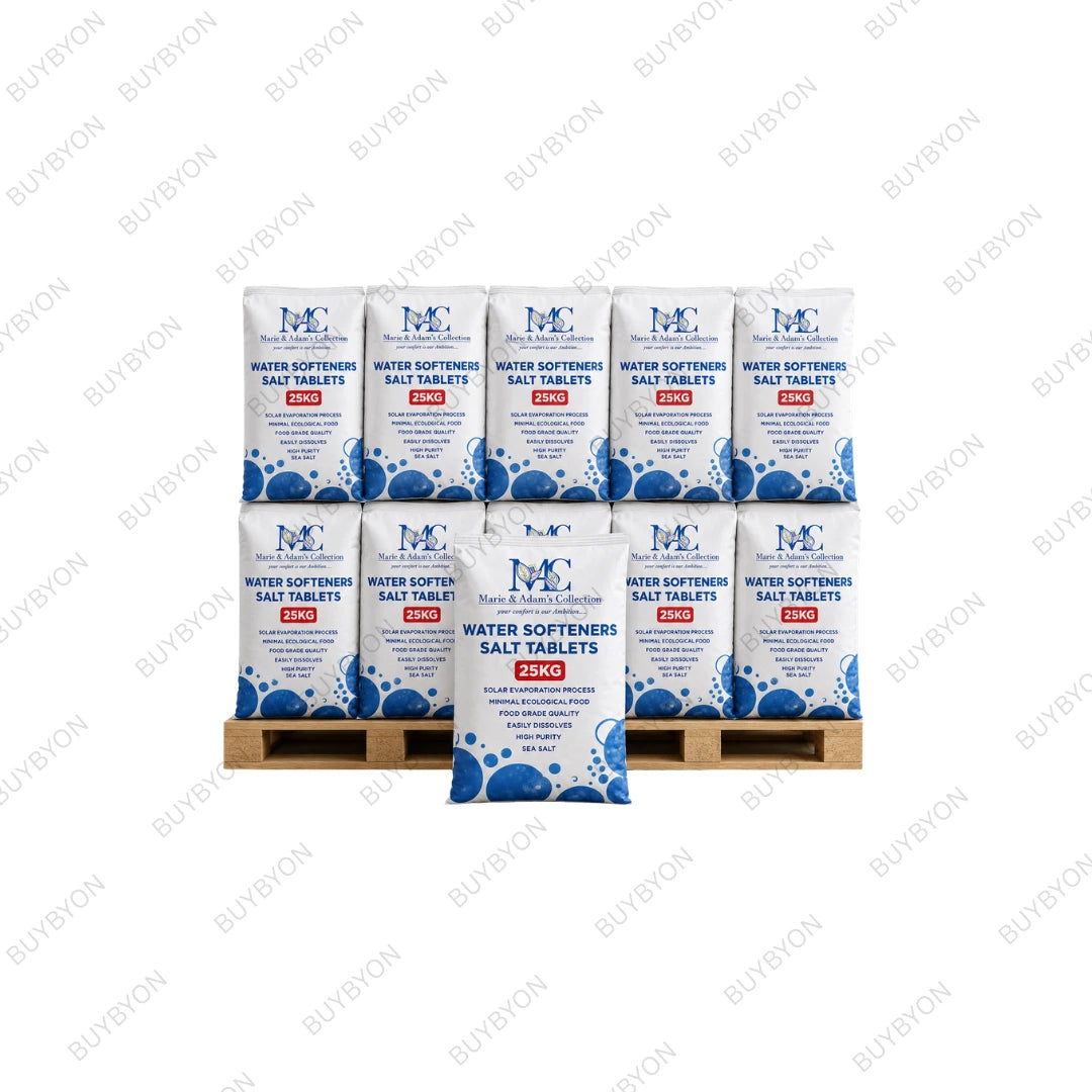 A pallet stacked with white bags of MC Water Softeners Salt Tablets, with one bag placed in front on a wooden pallet against a white background with diagonal BUYBYON watermarks.