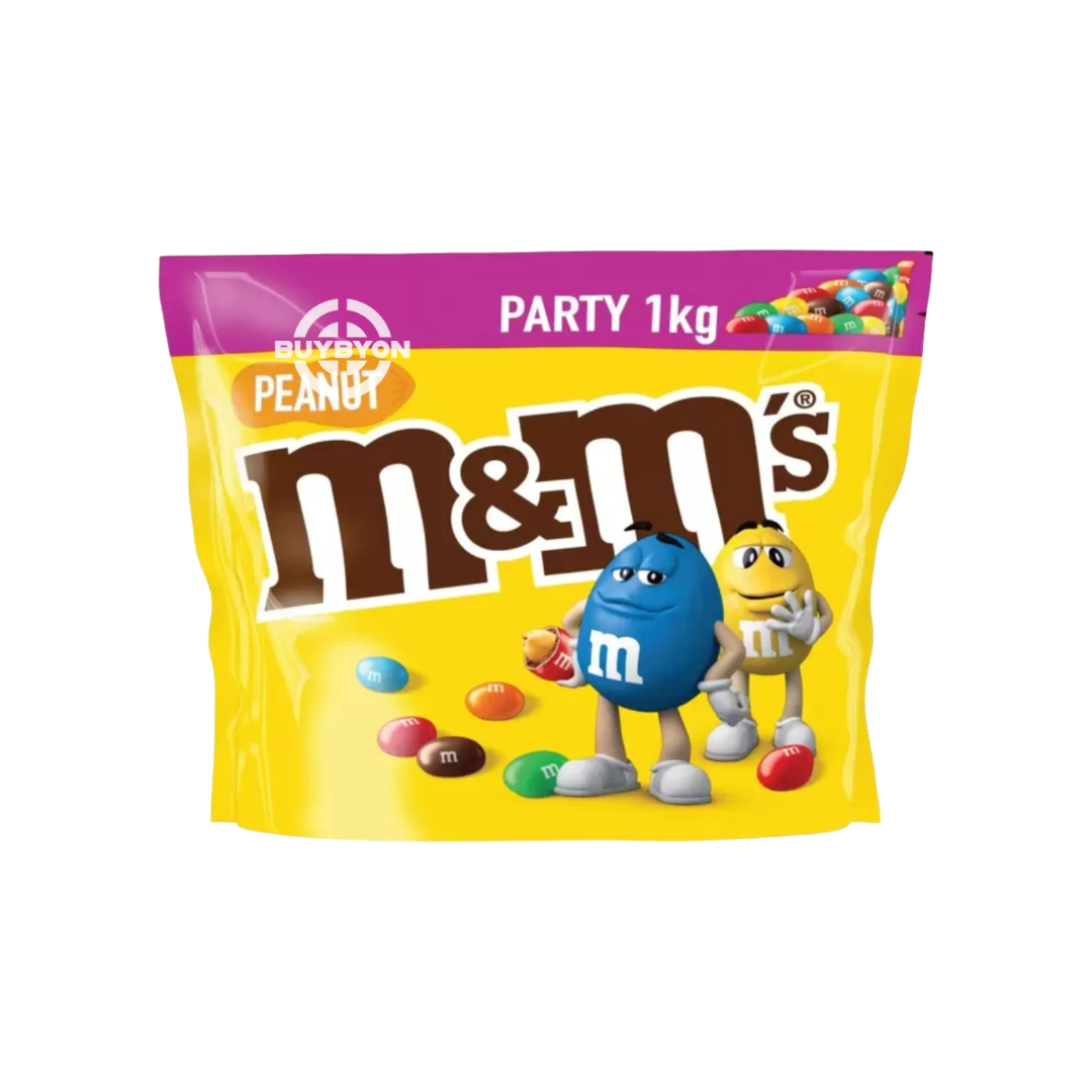 M&M Peanut Pouch - 1kg with crunchy peanuts, milk chocolate, and colourful candy shells, ideal for sharing and snacking.