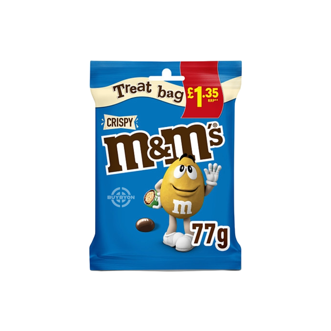 M&amp;M's Crispy Milk Chocolate Bites Treat Bag - 77g with crispy rice centre and creamy milk chocolate coating.