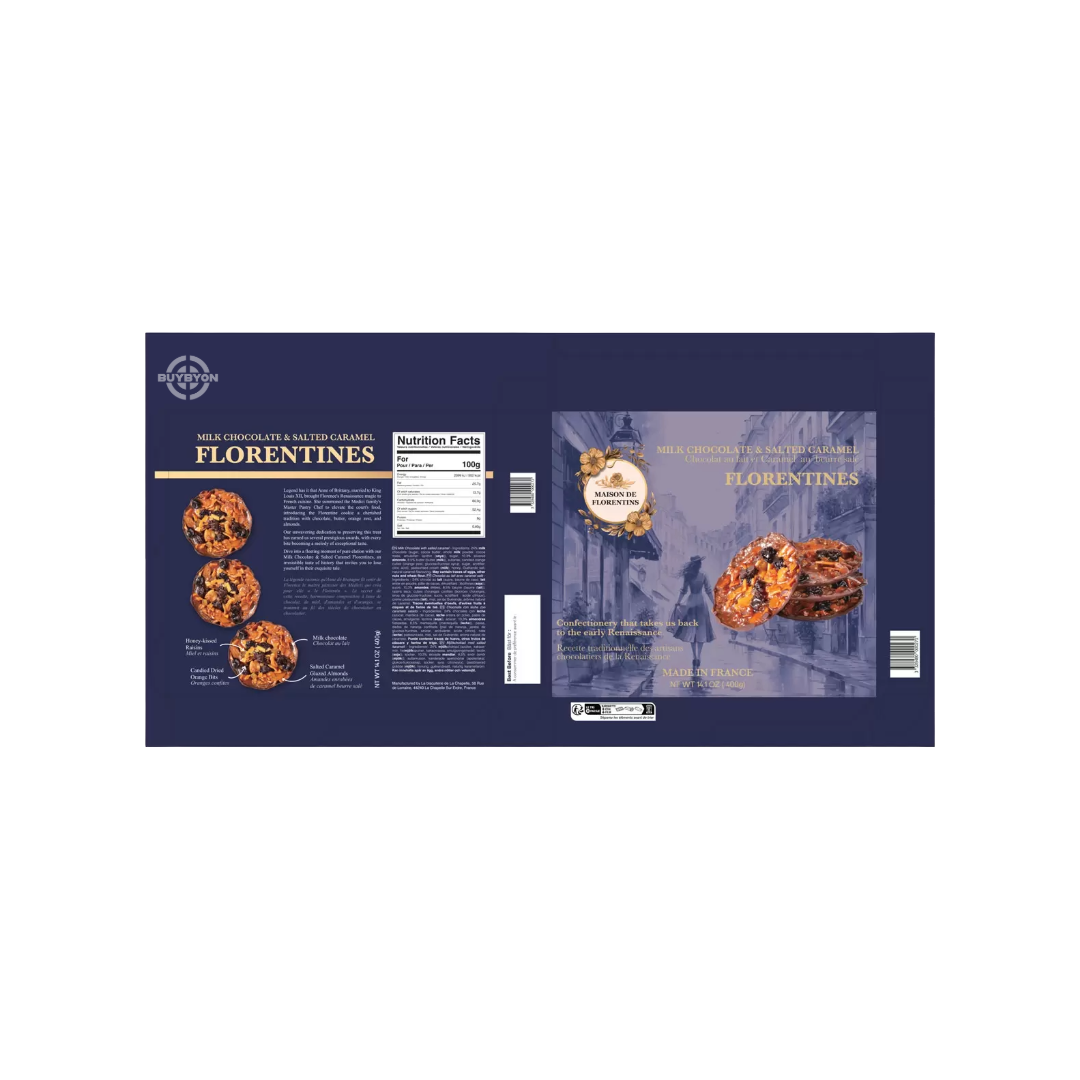 Maison De Florentins Milk Chocolate &amp; Salted Caramel Florentines – 400g, artisan biscuits with rich milk chocolate and salted caramel.
