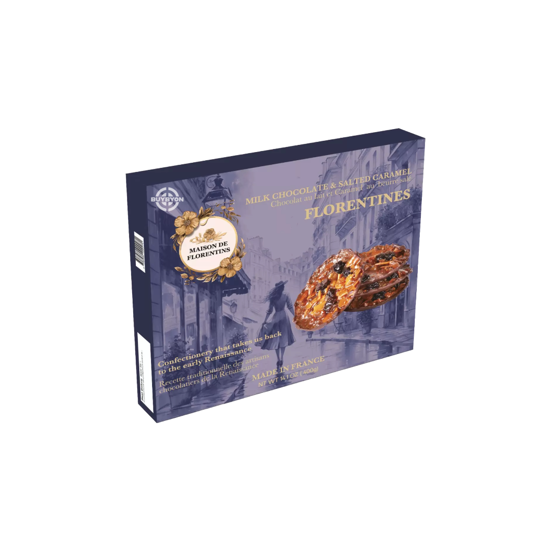 Maison De Florentins Milk Chocolate &amp; Salted Caramel Florentines – 400g, artisan biscuits with rich milk chocolate and salted caramel.