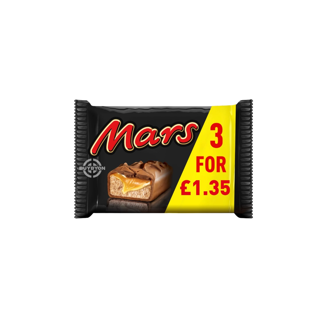 Mars Caramel, Nougat and Milk Chocolate Snack Bars Multipack - 39.4g (Pack of 3) with layers of caramel and nougat in milk chocolate.