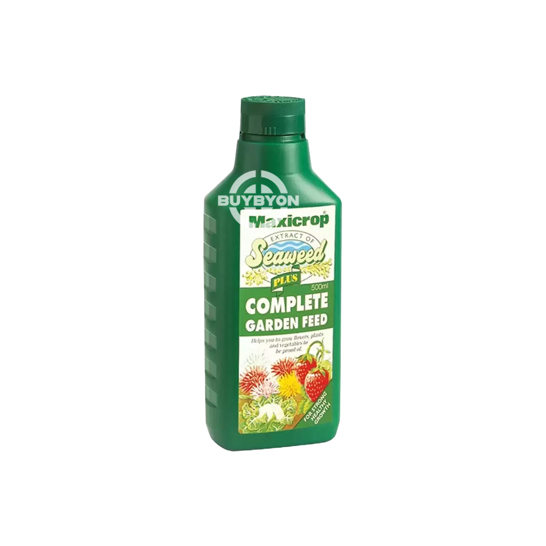 Maxicrop Plus Complete Garden Feed - 500ml, featuring its convenient bottle design and highlighting its balanced nutrient formula for supporting healthy plant growth and vibrant blooms.