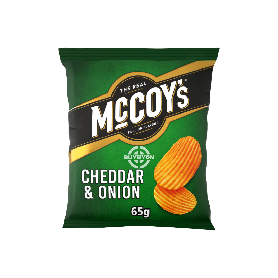 McCoy's Cheddar &amp; Onion Sharing Crisps - 65g pack, showcasing bold flavour with real cheddar cheese and tangy onion seasoning. Crispy and crunchy, ideal for sharing or enjoying on your own