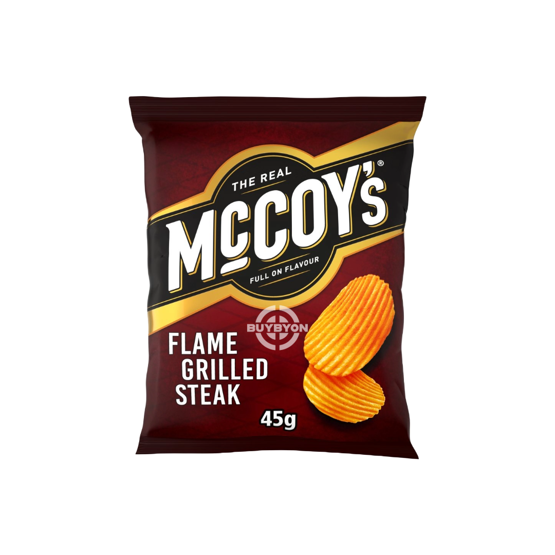 McCoy's Flame Grilled Steak Crisps - 45g grab bag, featuring thick-cut crisps with bold, smoky steak flavour and a satisfying crunch. Ideal for convenient snacking and flavourful enjoyment