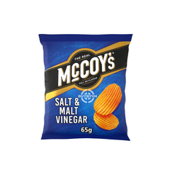 McCoy's Salt &amp; Malt Vinegar Sharing Crisps - 65g bag, featuring thick-cut crisps with tangy salt and malt vinegar seasoning. Ideal for sharing or enjoying alone, offering a satisfying crunch and robust flavour.