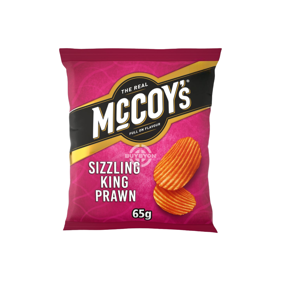 McCoy's Sizzling King Prawn Sharing Crisps - 65g pack, featuring thick-cut crisps with bold, tangy king prawn flavour. Perfect for sharing or enjoying as a gourmet snack.