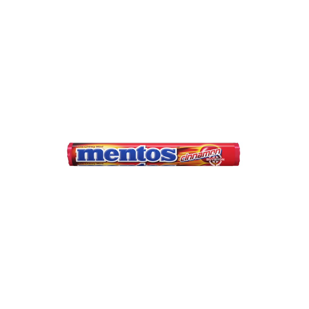 Mentos Cinnamon - 37g roll featuring red packaging with the Mentos logo and cinnamon stick imagery.