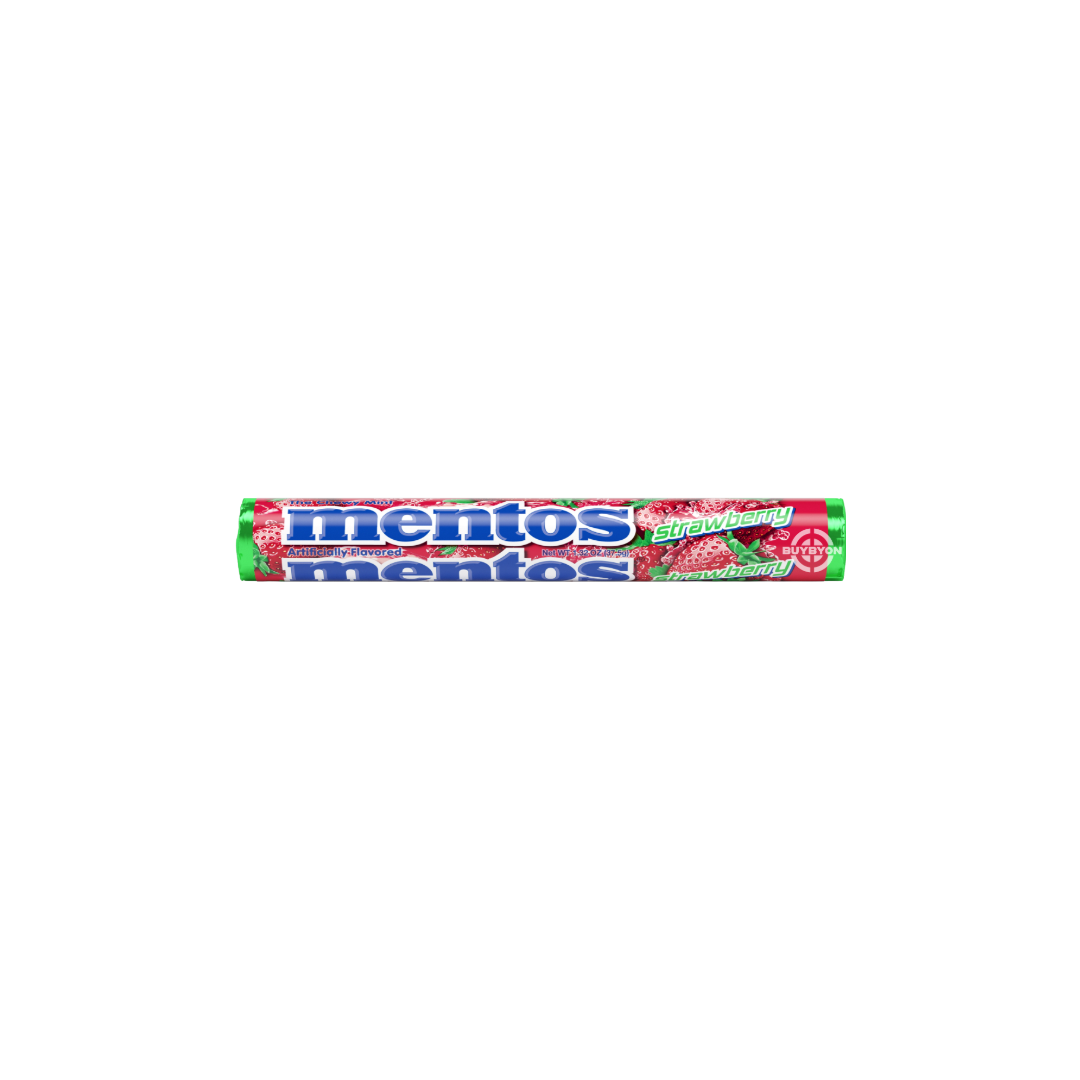 Mentos Strawberry - 37g roll with vibrant red packaging, featuring the Mentos logo and strawberry illustrations.