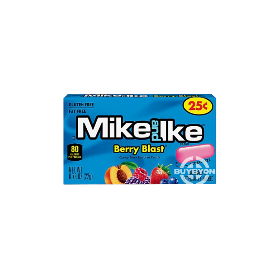 Mike & Ike Berry Blast – 22g pack featuring chewy, fruit-flavored candy pieces in a variety of berry flavors, perfect for snacking.