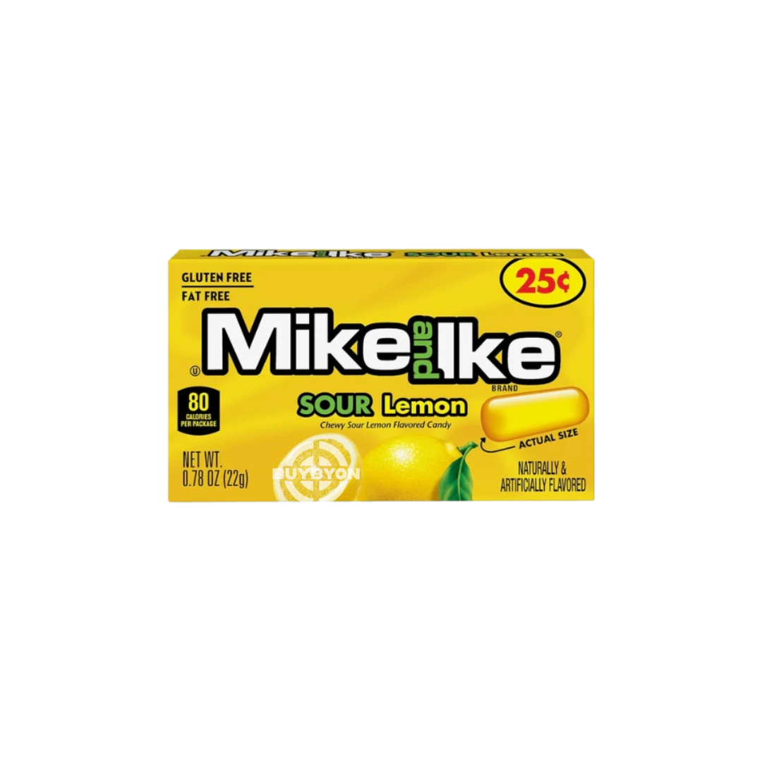 Mike & Ike Sour Lemon – 22g pack featuring tangy lemon-flavored chewy candies, perfect for on-the-go snacking and sour candy lovers.