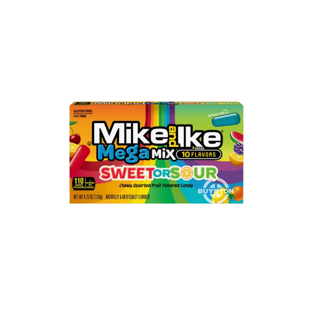 Mike & Ike Theater Mega Mix – 20g pack featuring an assortment of fruity chewy candies, perfect for sharing or snacking during movie nights.