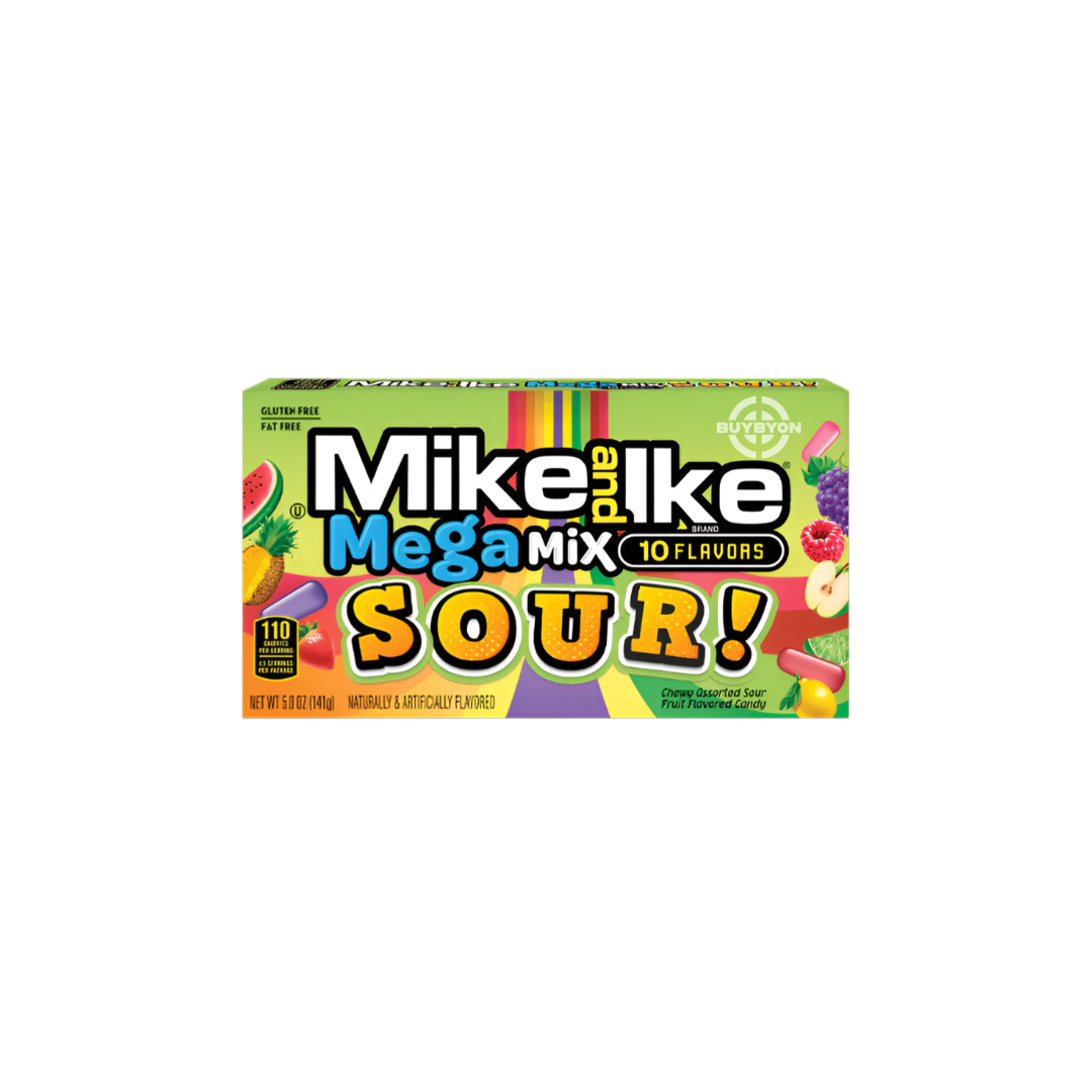 Mike &amp; Ike Theater Mega Mix Sour 141g box with colourful, chewy, sour candy pieces.