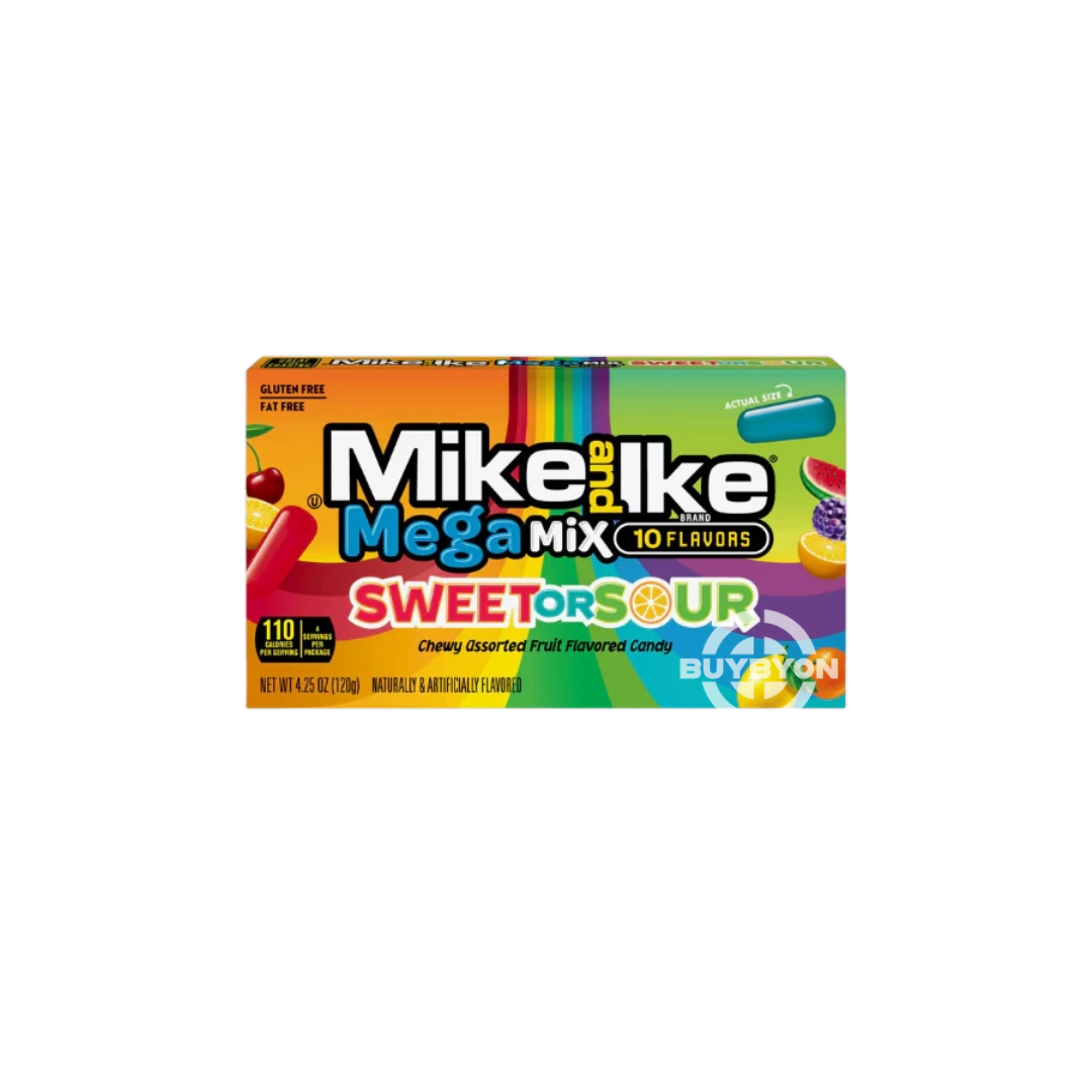 Mike & Ike Theater Mega Mix Sweet or Sour – 120g pack with a colorful variety of sweet and sour chewy candy pieces, perfect for sharing at movie nights.