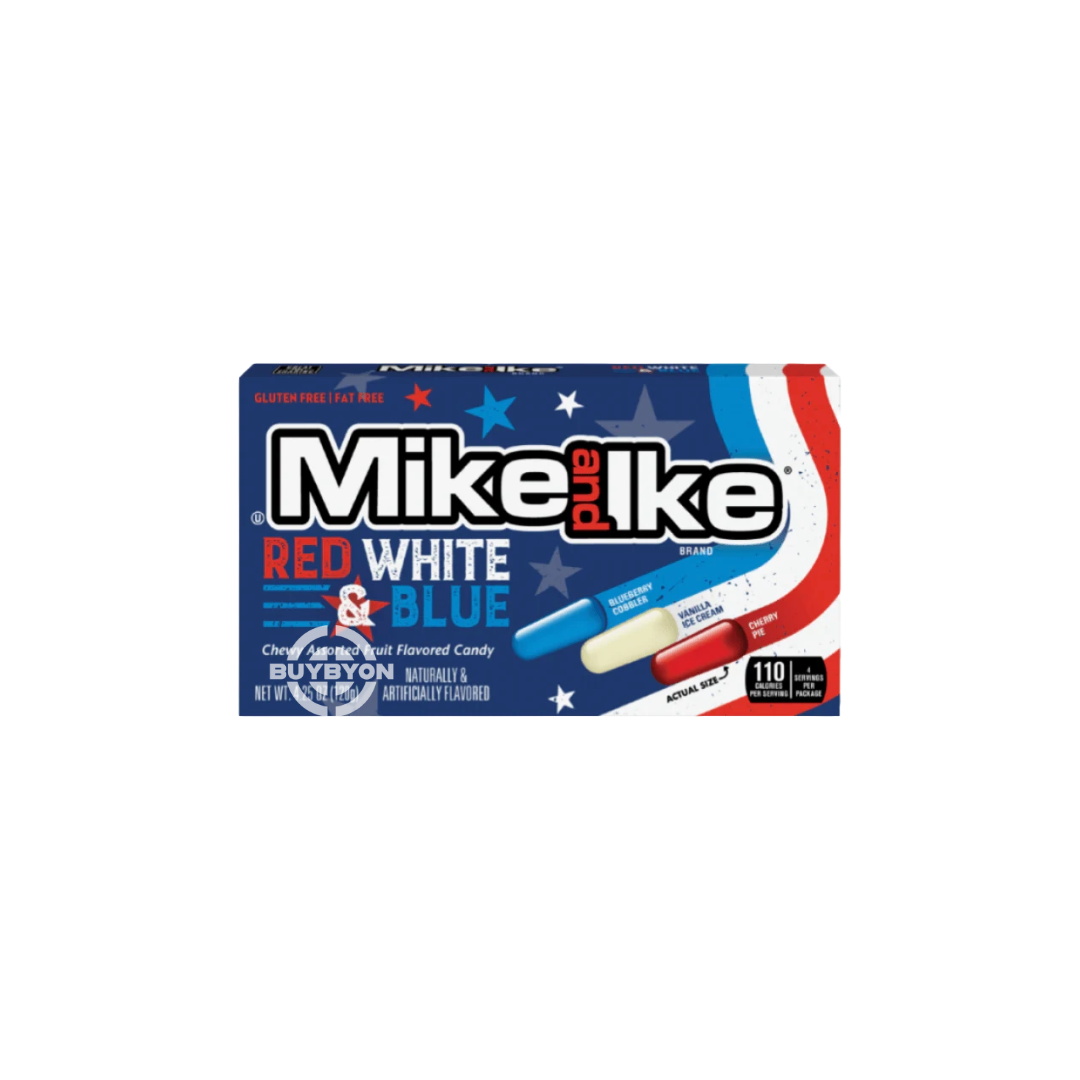 Mike & Ike Theater Red White and Blue – 120g pack featuring an assortment of chewy candies in festive colors, perfect for snacking or sharing.