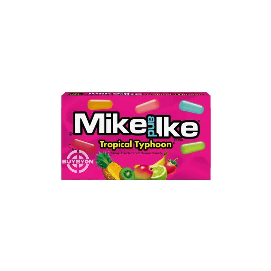 Mike & Ike Theater Tropical Typhoon – 120g pack featuring an assortment of tropical-flavored chewy candy, perfect for sharing or snacking.