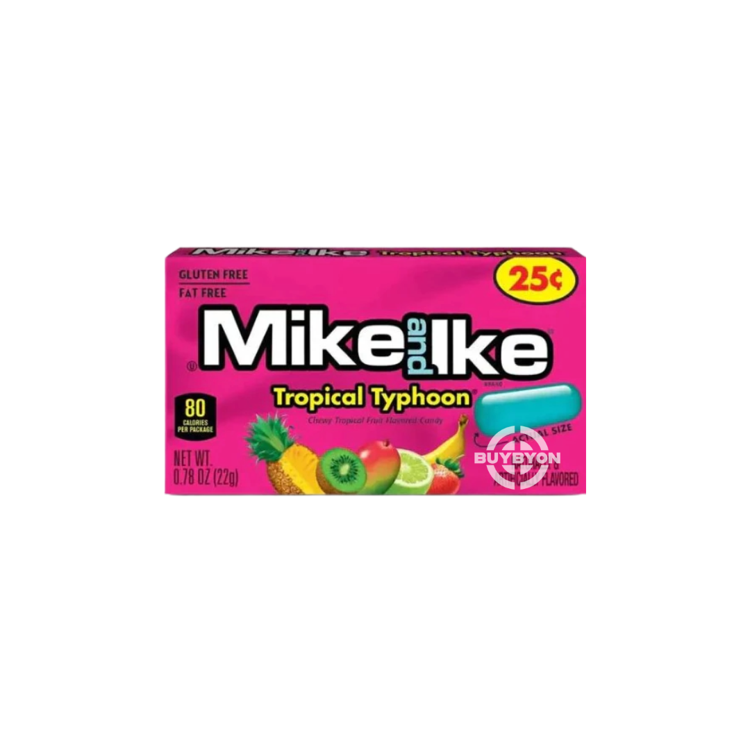 Mike & Ike Tropical Typhoon – 22g pack featuring a variety of chewy candies with tropical fruit flavors, ideal for snacking or sharing.